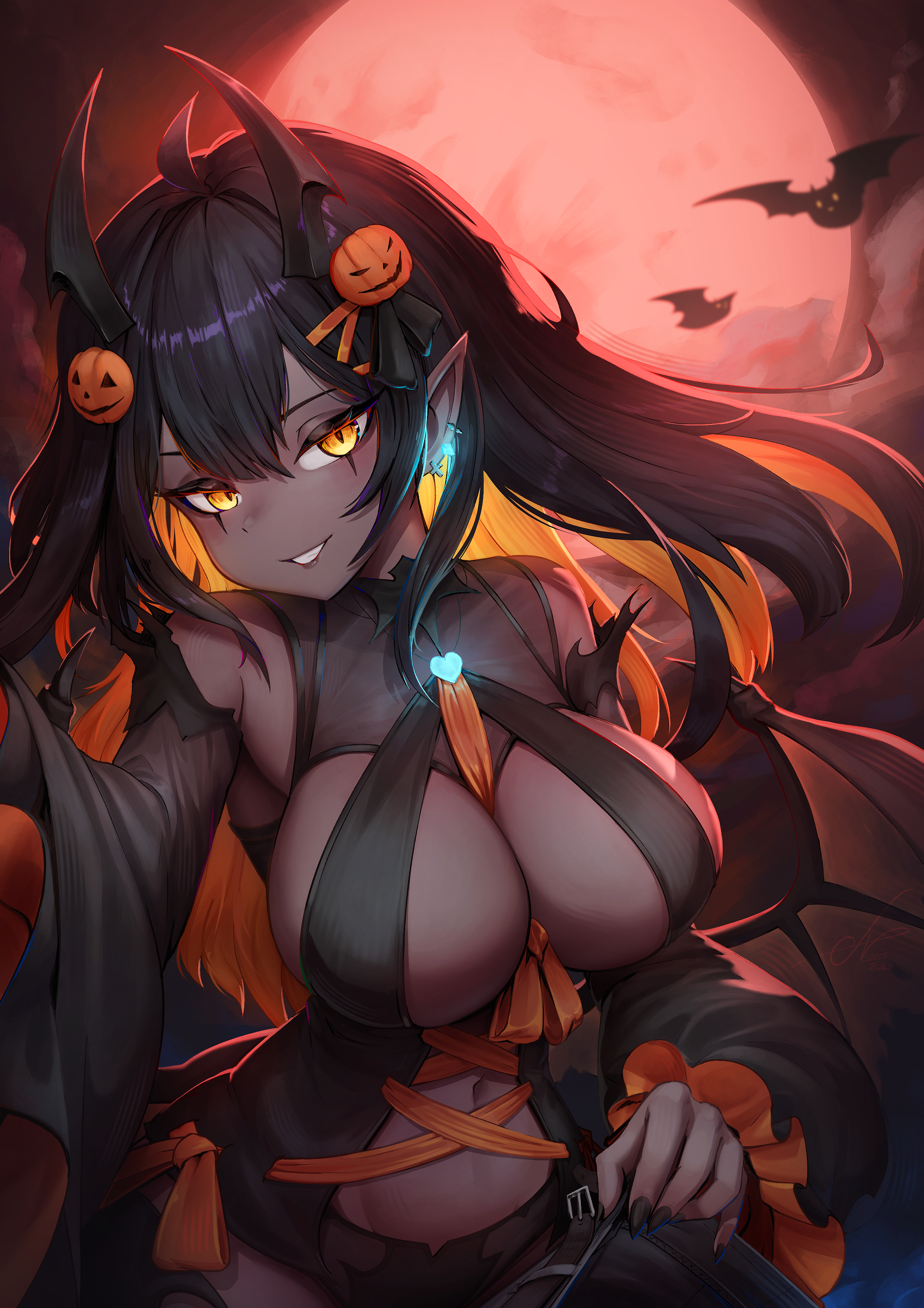allister vinris, original, absurdres, highres, 1girl, bat (animal), black hair, black nails, black panties, borrowed character, breasts, colored inner hair, dark-skinned female, dark skin, demon girl, demon horns, demon wings, full moon, hair ornament, hairclip, halloween, horns, large breasts, long hair, long sleeves, looking at viewer, moon, multicolored hair, navel, night, orange hair, outdoors, panties, pointy ears, smile, solo, standing, tail, thighhighs, thighs, two-tone hair, underwear, wings, yellow eyes