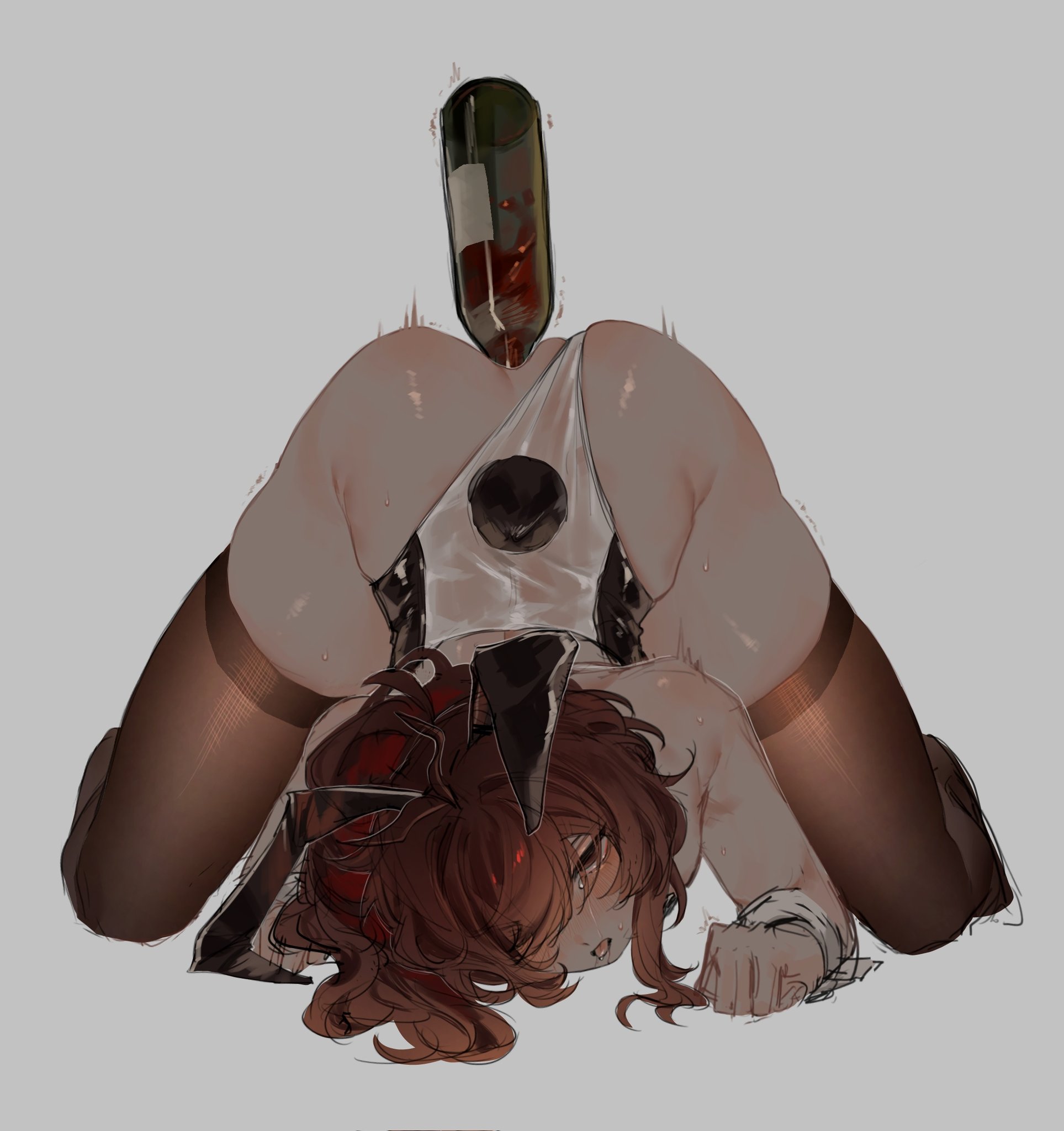 zehuij, diluc (genshin impact), genshin impact, highres, 1boy, alcohol, alcohol enema, anal, anal object insertion, animal ears, black leotard, black thighhighs, bottle, crossdressing, crossdressing (mtf), detached collar, enema, grey background, hair between eyes, leotard, long hair, male focus, male playboy bunny, object insertion, parted lips, ponytail, rabbit ears, red eyes, red hair, red wine, simple background, skindentation, sleeveless, solo, spilling, tears, teeth, thighhighs, thighs, top-down bottom-up, transparent leotard, wine, wine bottle, wrist cuffs