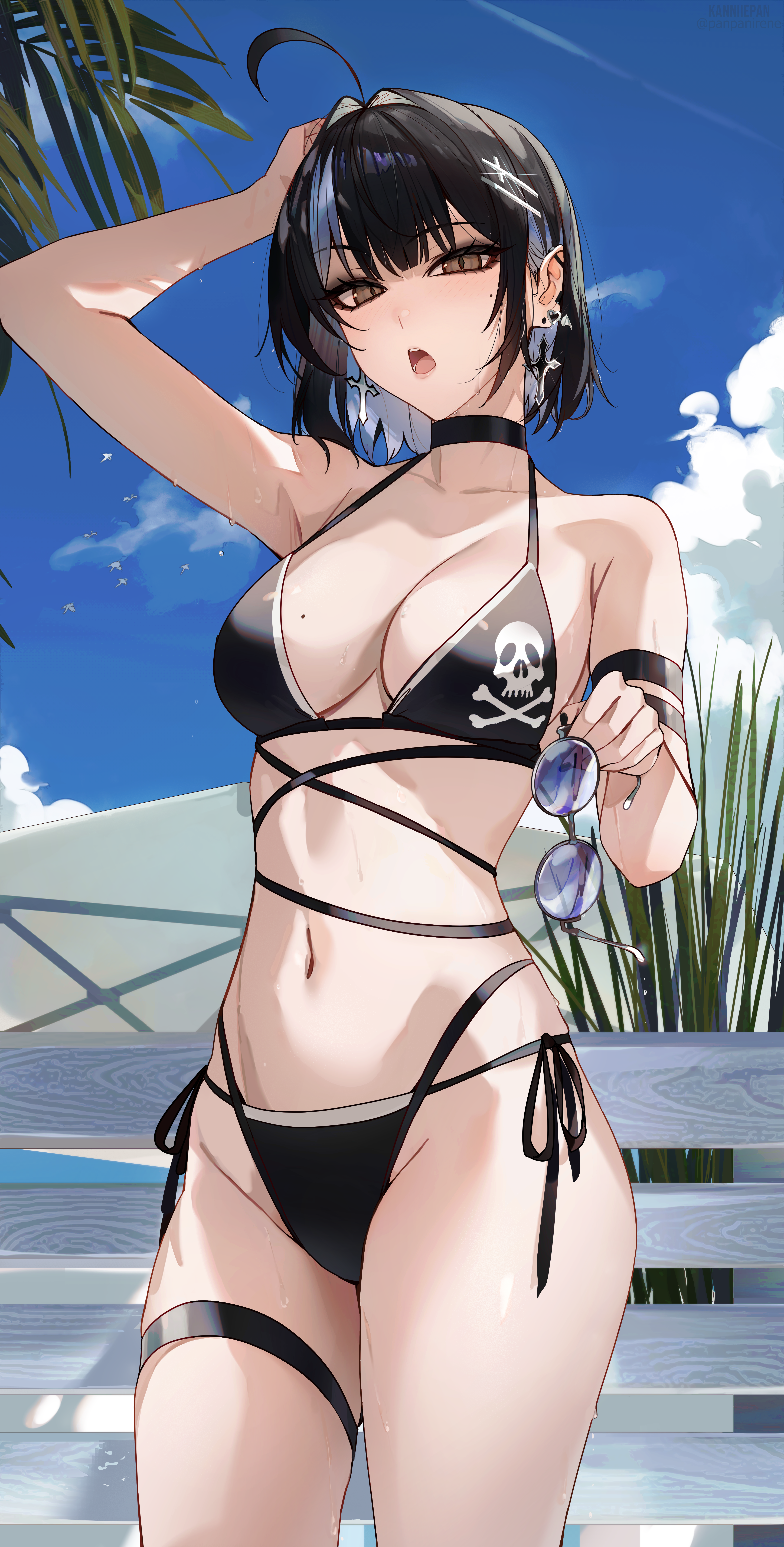 kanniiepan, irene (kanniiepan), original, absurdres, commentary request, highres, 1girl, ahoge, bikini, black bikini, black hair, blue-tinted eyewear, blue hair, blue sky, breasts, cloud, collarbone, cross, cross earrings, cross hair ornament, day, earrings, hair ornament, holding, holding removed eyewear, jewelry, looking at viewer, medium breasts, mole, mole under eye, multicolored hair, navel, open mouth, outdoors, round eyewear, side-tie bikini bottom, skull and crossbones, sky, solo, standing, summer, sunglasses, swimsuit, thighs, tinted eyewear, two-tone hair, unworn eyewear, wet