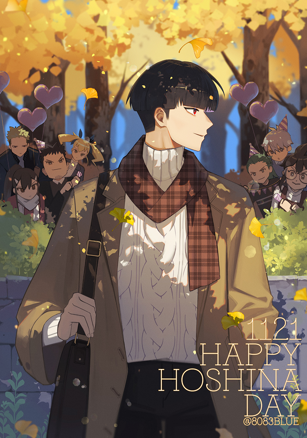 8083 blue, ashiro mina, hibino kafka, hoshina soshiro, ichikawa reno, izumo haruichi, kaguragi aoi, okonogi konomi, shinomiya kikoru, kaijuu no. 8, commentary request, highres, 3girls, 5boys, autumn leaves, black bag, black hair, bowl cut, brown coat, character name, coat, dated, ginkgo leaf, happy birthday, leaf, light particles, long sleeves, male focus, multiple boys, multiple girls, outdoors, plaid clothes, plaid scarf, red eyes, scarf, solo focus, twintails