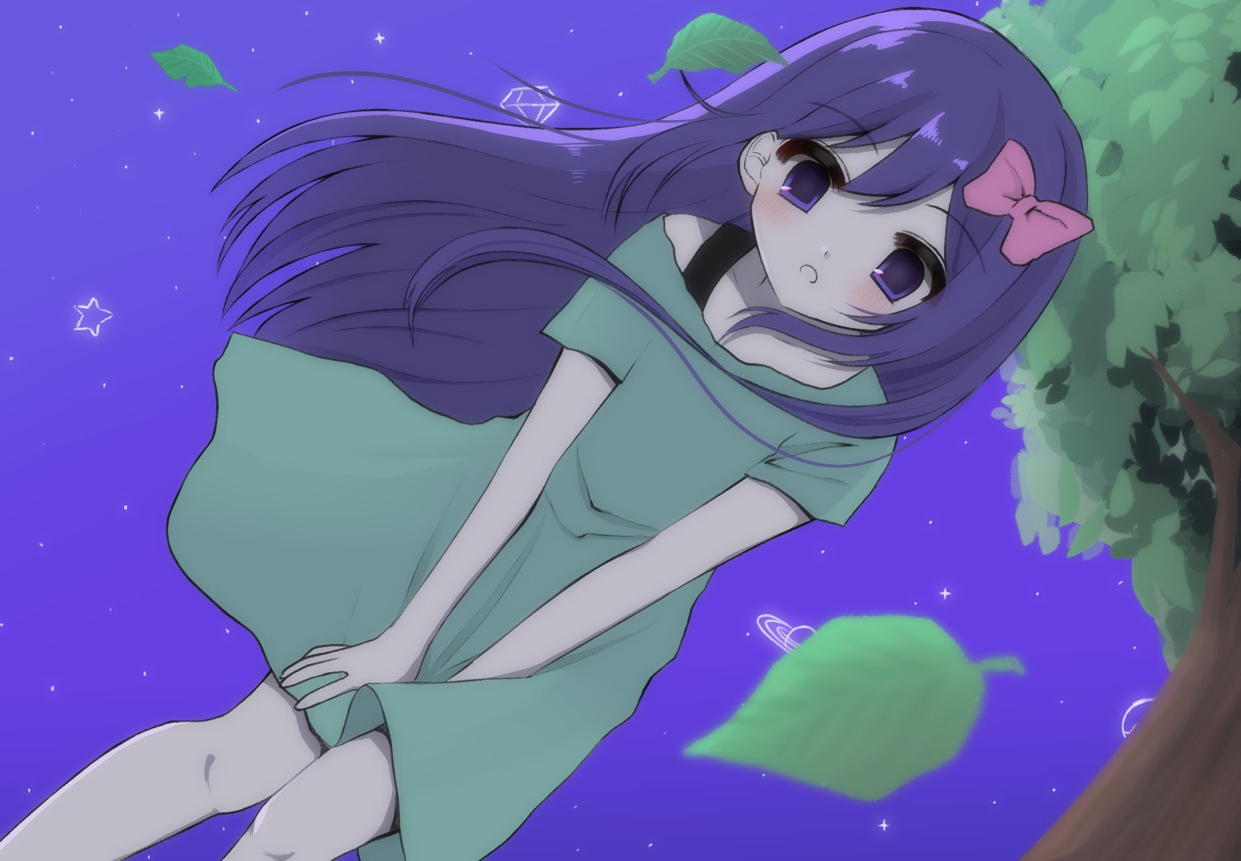 true erg, aubrey (headspace) (omori), aubrey (omori), omori, highres, 1girl, blue shirt, blush, bow, bra strap, collarbone, colored skin, hair bow, leaf, long hair, long shirt, looking at viewer, open mouth, outdoors, pink bow, purple eyes, purple hair, purple sky, shirt, short sleeves, sky, solo, t-shirt, tree, white skin
