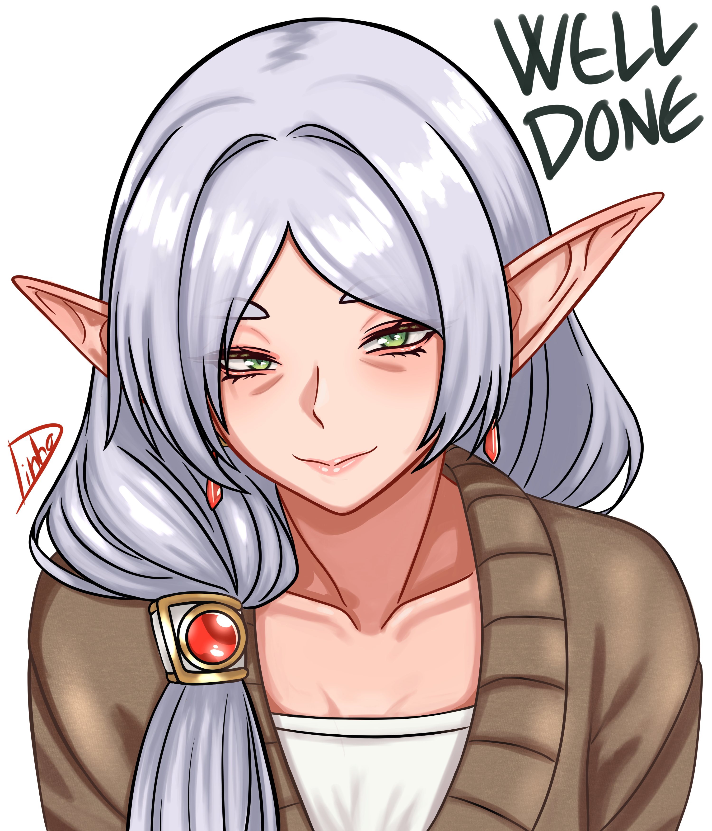 romulproduce, frieren, sousou no frieren, absurdres, commentary, english commentary, highres, 1girl, aged up, alternate hairstyle, brown jacket, collarbone, earrings, elf, english text, flat chest, green eyes, grey hair, hair over shoulder, jacket, jewelry, mature eyes, mature female, pointy ears, signature, solo, upper body