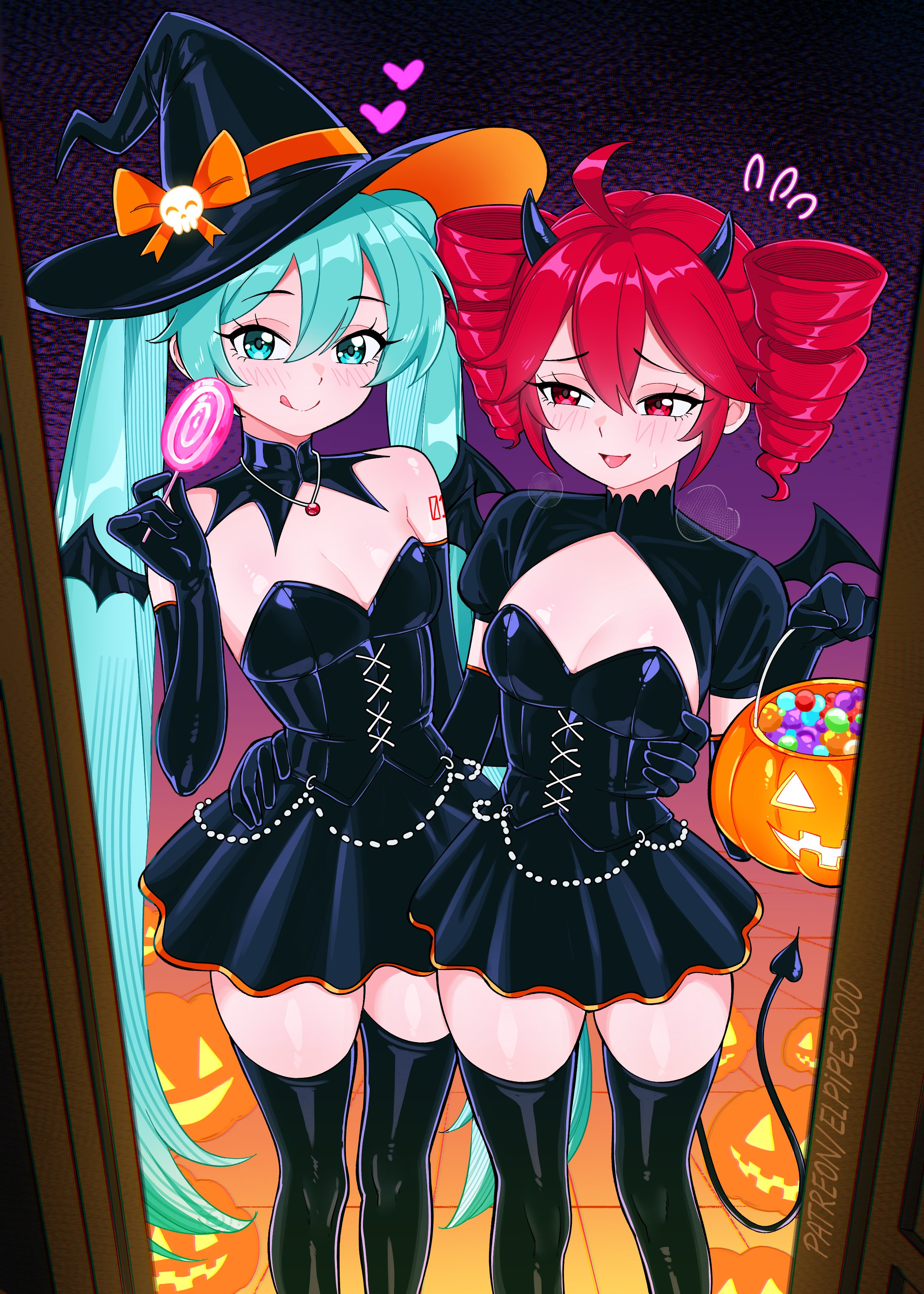 elpipe 3000, hatsune miku, kasane teto, utau, vocaloid, absurdres, highres, 2girls, black dress, black gloves, blue eyes, blue hair, breasts, clothing cutout, demon girl, demon horns, demon tail, doorway, dress, elbow gloves, gloves, halloween costume, hat, horns, long hair, medium breasts, multiple girls, night, open mouth, red eyes, red hair, small breasts, smile, tail, tongue, tongue out, very long hair, witch, witch hat