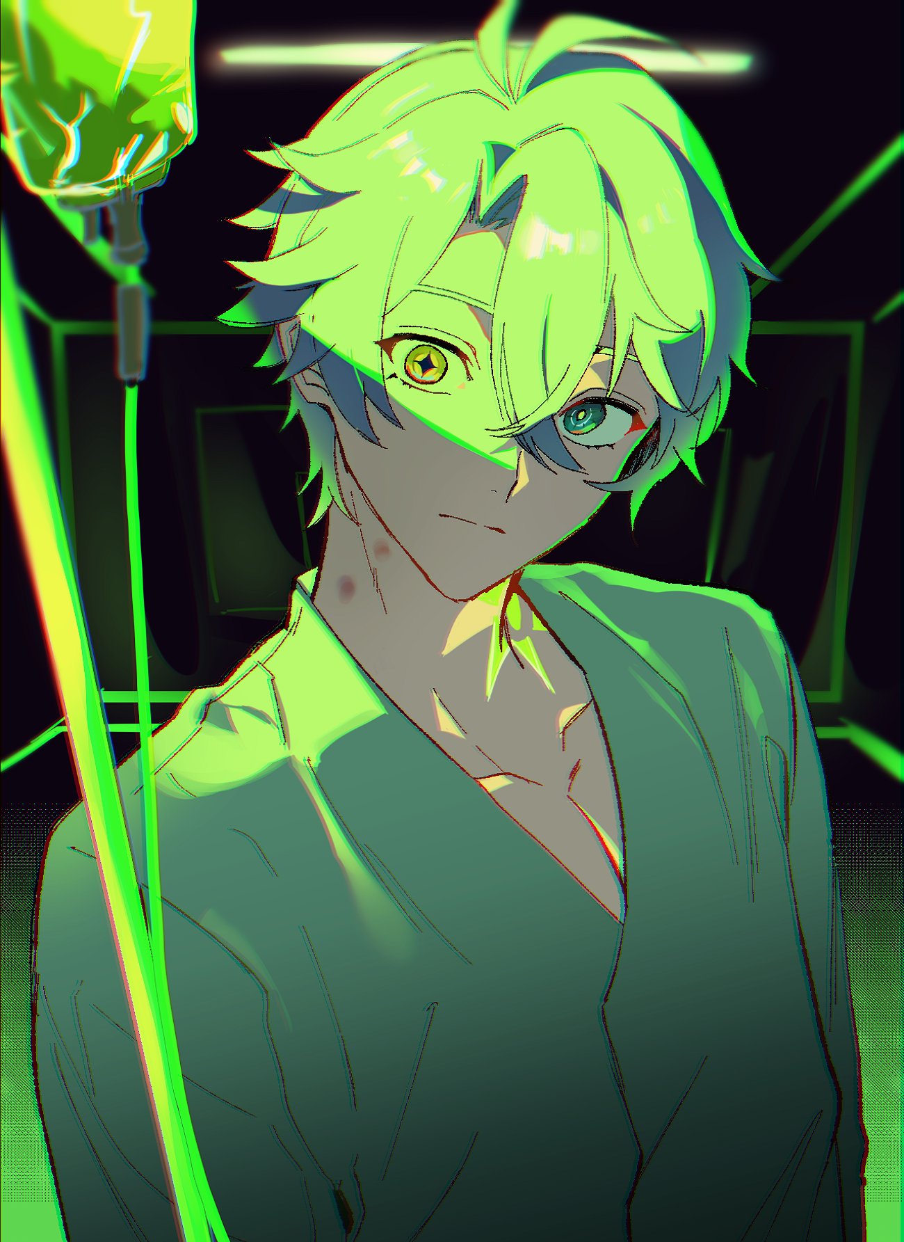 phainon (honkai: star rail), honkai: star rail, honkai (series), commentary, english commentary, highres, 1boy, antenna hair, blue eyes, bruise, bruise on neck, closed mouth, collarbone, diamond-shaped pupils, diamond (shape), frown, hair between eyes, hazozoyaku, hospital gown, injury, intravenous drip, looking at viewer, male focus, mismatched eyes, parted bangs, short hair, solo, symbol-shaped pupils, upper body, white hair, yellow eyes