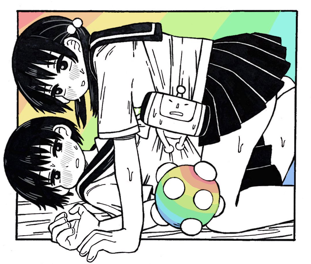 the prince (katamari damacy), katamari damacy, original, bad id, bad twitter id, 1boy, 2girls, all fours, averting eyes, ball, blush, chou nezumi dx, crossover, embarrassed, from side, girl on top, girl sandwich, greyscale with colored background, hair bobbles, hair ornament, hair over shoulder, katamari, long hair, looking at viewer, looking to the side, low twintails, lying, miniskirt, multiple girls, on back, outside border, pinned, pleated skirt, rainbow background, sandwiched, school uniform, serafuku, shirt, short hair, short sleeves, skirt, stuck, twintails, yuri