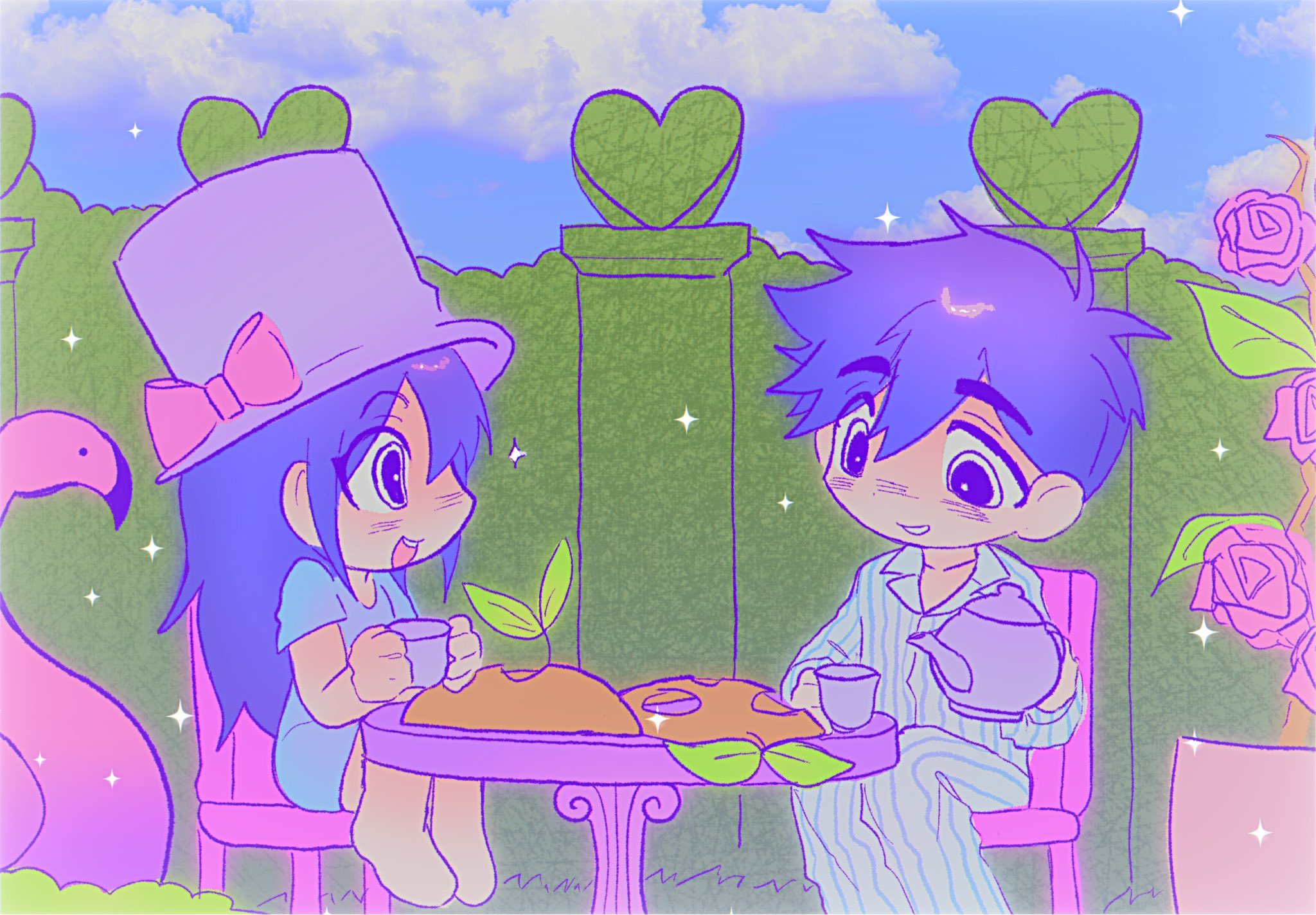 aubrey (headspace) (omori), aubrey (omori), hero (headspace) (omori), hero (omori), omori, highres, 1boy, 1girl, antenna hair, blue shirt, blue sky, blush, bow, chair, chibi, chibi only, cloud, collarbone, cup, day, double-parted bangs, flower, hair between eyes, hat, hat bow, hedge, holding, holding cup, holding teapot, long hair, long shirt, looking at another, lyuz (justtoseemeplea), mask, open mouth, outdoors, pajamas, pants, parted lips, pink bow, pink flower, pink rose, purple eyes, purple hair, purple hat, rose, shirt, short hair, short sleeves, sitting, sky, smile, sparkle, striped clothes, striped pajamas, striped pants, t-shirt, table, teacup, teapot, teeth, unworn mask, upper teeth only, vertical-striped clothes, vertical-striped pajamas, vertical-striped pants