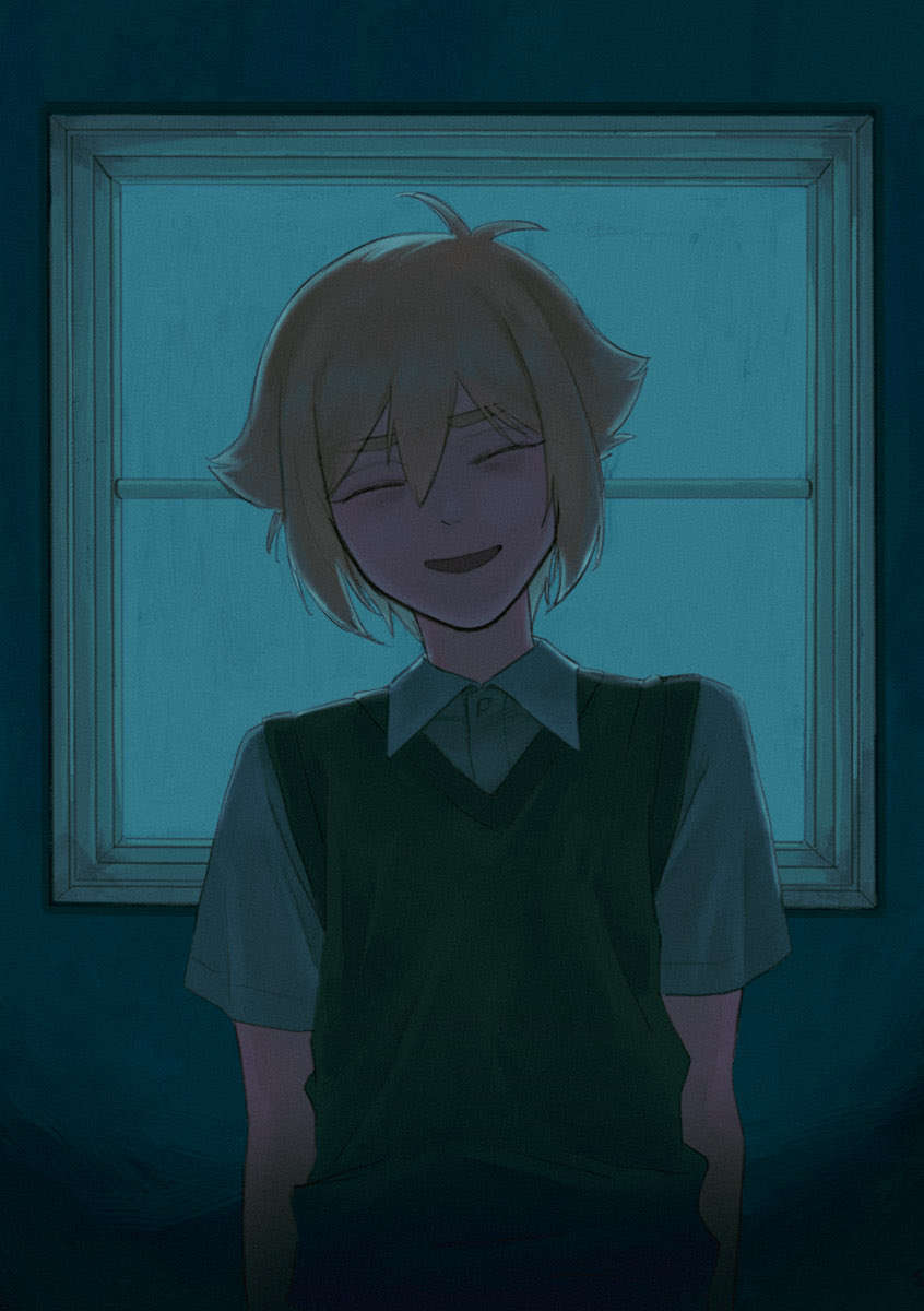 msdnno kabe, basil (faraway) (omori), basil (omori), omori, highres, 1boy, antenna hair, blonde hair, closed eyes, collared shirt, double-parted bangs, green sweater vest, hair between eyes, indoors, male focus, nervous smile, open mouth, shirt, short hair, short sleeves, sidelocks, smile, solo, sweater vest, white shirt, window