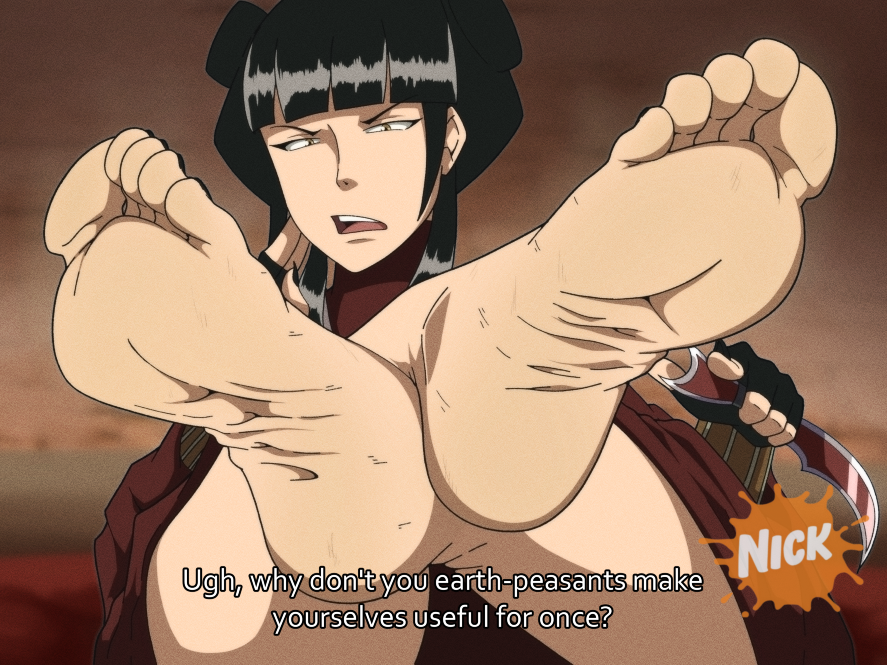 kiryu artwork, mai (avatar), avatar: the last airbender, avatar legends, nickelodeon, commentary, english commentary, highres, 1girl, annoyed, barefoot, black hair, black nails, blunt bangs, blurry, blurry background, double bun, english text, feet, feet up, fingerless gloves, fingernails, foot focus, foreshortening, gloves, hair bun, holding, holding weapon, looking afar, nail polish, presenting foot, sharp fingernails, sitting, soles, solo, subtitled, toes, weapon
