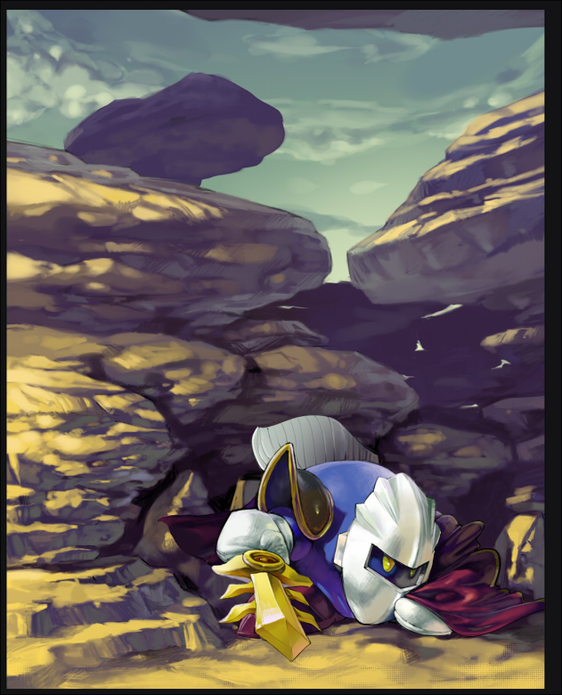 koki (ryoushikiha), meta knight, kirby (series), nintendo, armor, cape, galaxia (sword), male focus, mask, no humans, outdoors, sky, solo, sword, weapon, yellow eyes