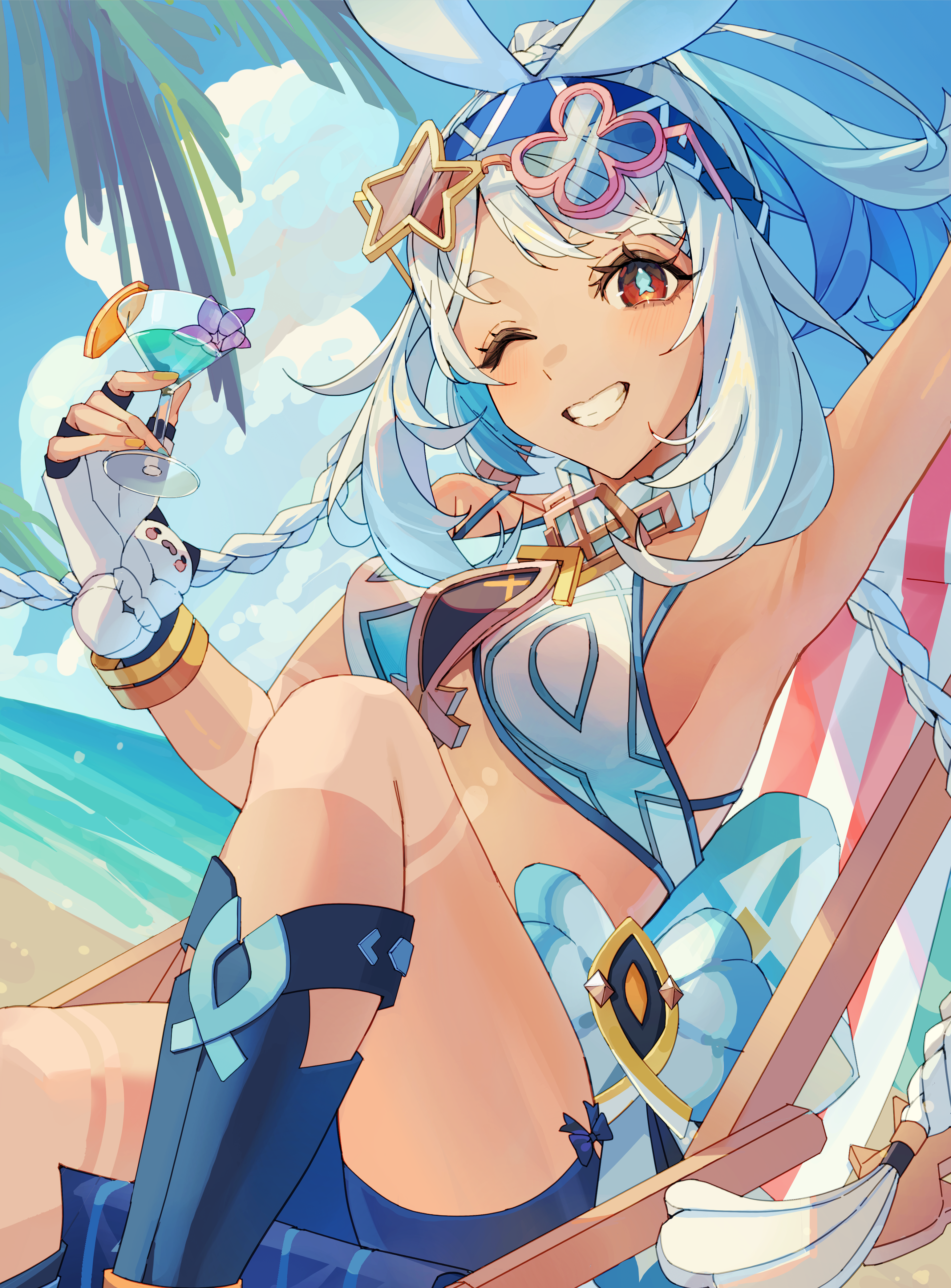 asagihisui, mualani (genshin impact), genshin impact, absurdres, highres, 1girl, armpits, bandana, bike shorts, blue bandana, blue bike shorts, blue boots, blue pupils, blue shorts, boots, breasts, cocktail glass, cup, dark-skinned female, dark skin, drinking glass, dutch angle, fingerless gloves, fish-shaped pupils, flower, gloves, grin, holding, holding cup, ocean, one eye closed, outdoors, purple flower, red eyes, shorts, sideboob, sitting, small breasts, smile, solo, summer, tan, tan tattoo, white gloves, white hair