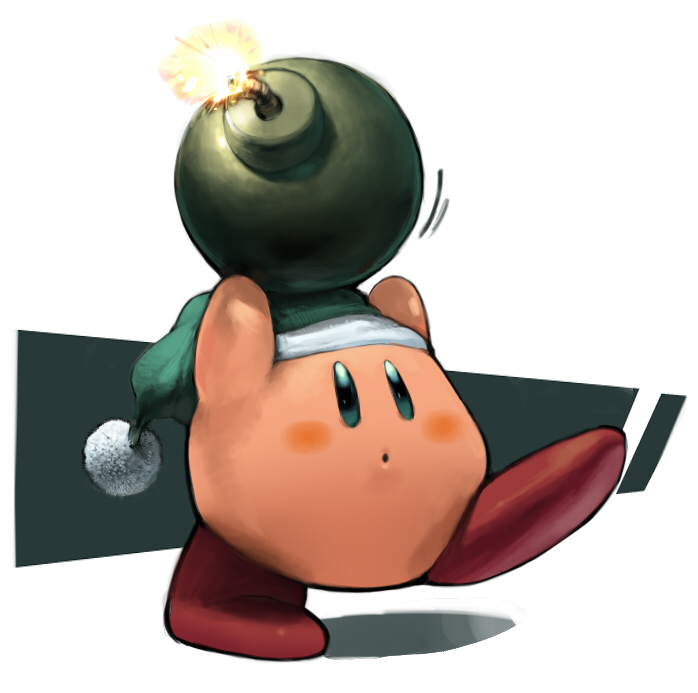 koki (ryoushikiha), bomb kirby, kirby, kirby (series), nintendo, bomb, explosive, green background, green hat, hat, nightcap, no humans, solo, standing, standing on one leg, white background