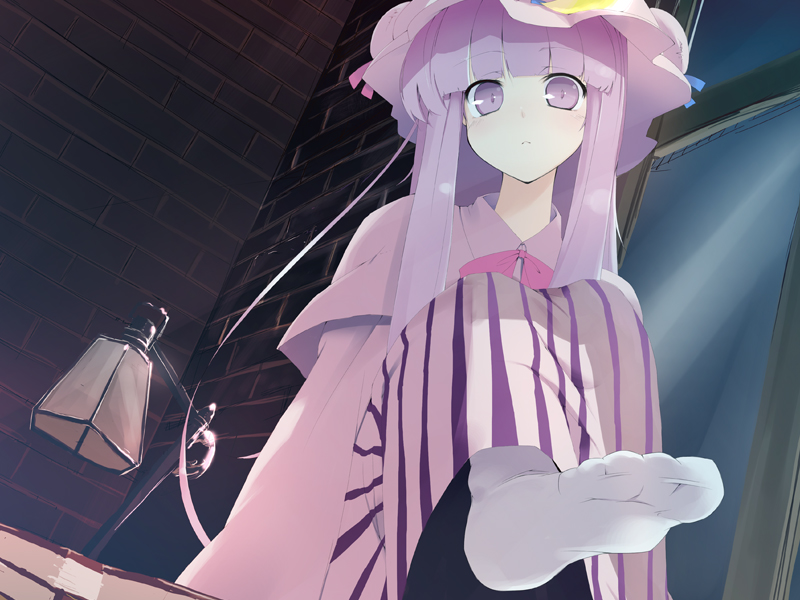 muranisaki, patchouli knowledge, touhou, bad id, bad pixiv id, 1girl, dress, feet, female focus, foot focus, foreshortening, from below, hat, long hair, purple eyes, purple hair, socks, solo, toes, white socks