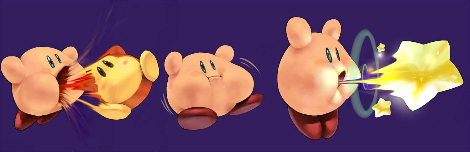 koki (ryoushikiha), kirby, waddle dee, kirby (series), nintendo, long image, wide image, gameplay mechanics, inhale, no humans, saliva, star (symbol), swallowing, vore