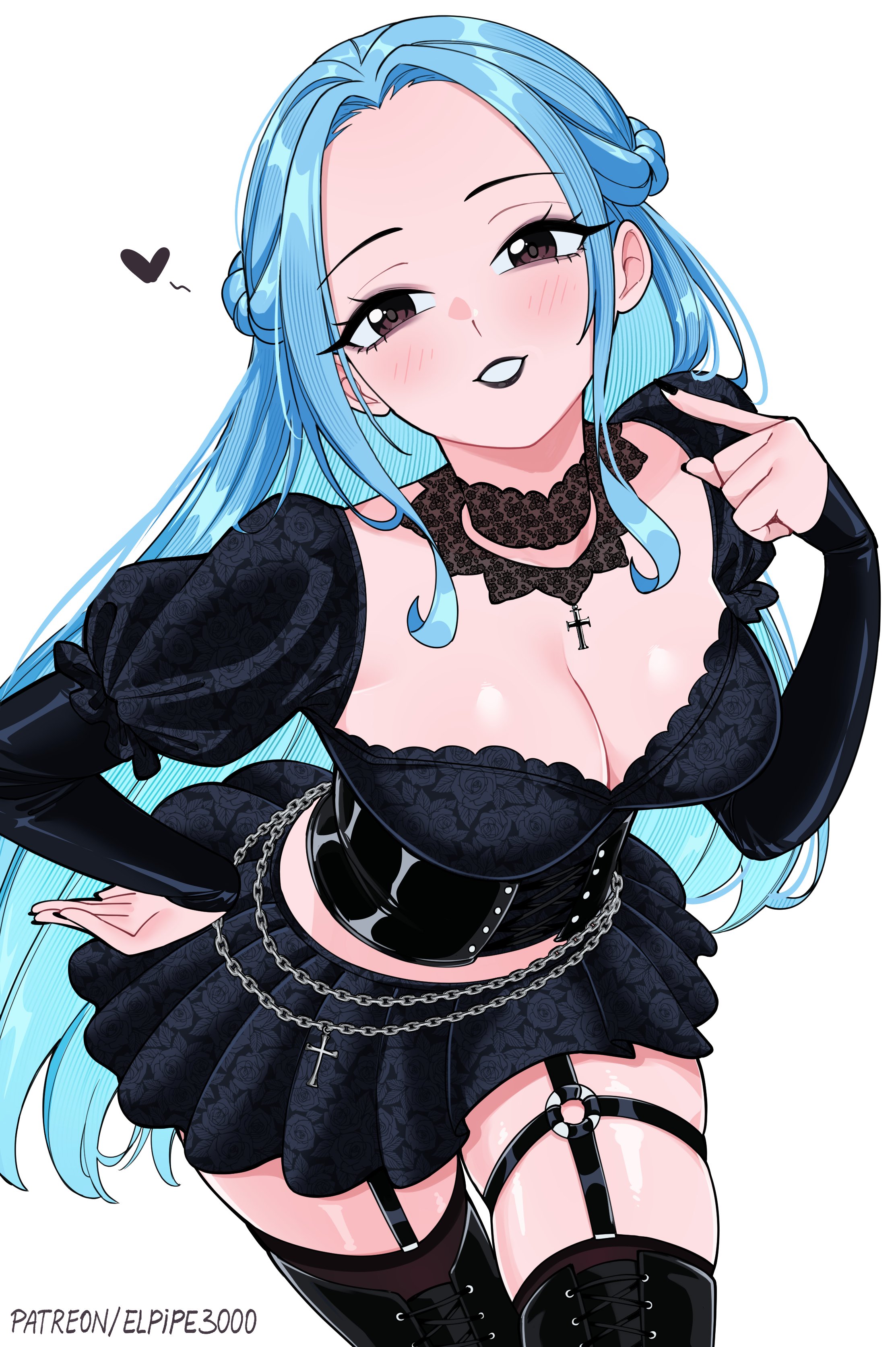 elpipe 3000, nefertari vivi, one piece, absurdres, highres, 1girl, black choker, black lips, black nails, black skirt, black thighhighs, blue eyes, breasts, brown eyes, choker, cowboy shot, goth fashion, heart, large breasts, long hair, patreon username, simple background, skirt, smile, solo, thighhighs, thighs, white background, zettai ryouiki