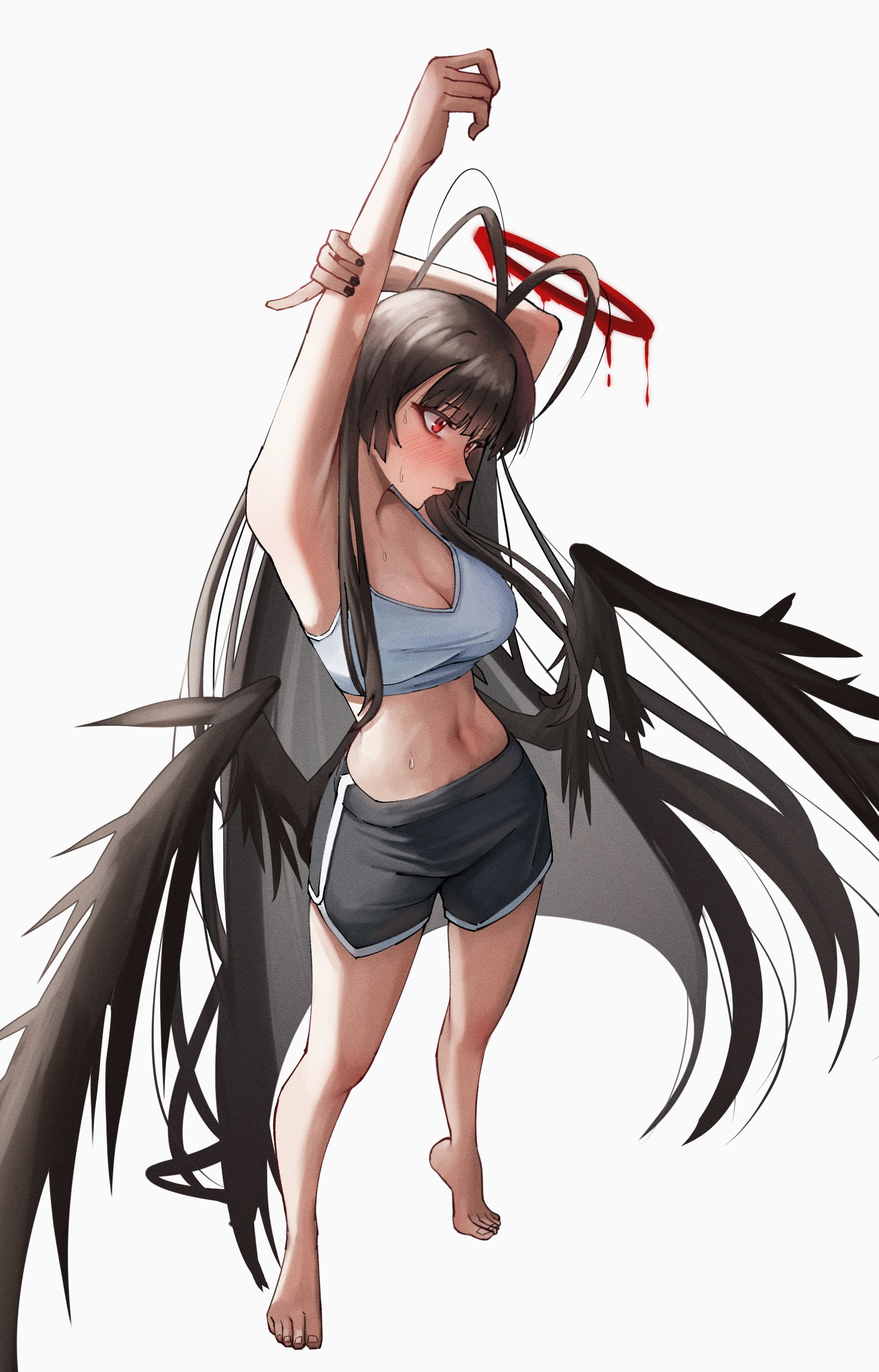 taeman, tsurugi (blue archive), blue archive, absurdres, highres, 1girl, absurdly long hair, ahoge, angel, armpit focus, armpits, barefoot, black hair, black nails, black wings, blood, blood halo, blush, dark halo, dripping, feathered wings, full body, halo, liquid halo, long hair, melting halo, no dickey, over shoulder, presenting armpit, red eyes, red halo, shorts, simple background, sports bra, stretching, very long hair, white background, white sports bra, wings