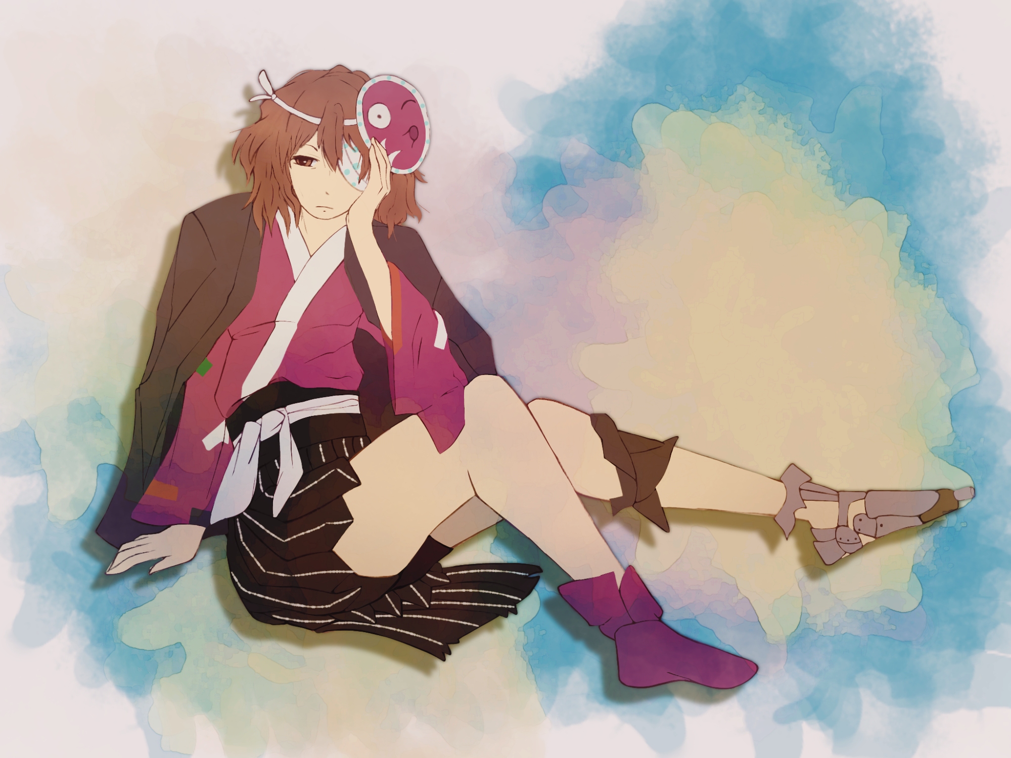 ametsukana yago, len'en, commentary, english commentary, highres, 1other, androgynous, bandage over one eye, black hakama, black jacket, blue background, brown eyes, brown hair, cheekzera, closed mouth, dot nose, expressionless, frown, full body, grey background, hakama, hakama short skirt, hakama skirt, hand on own face, jacket, jacket on shoulders, japanese clothes, kimono, long sleeves, mask, mechanical foot, medium hair, noh mask, other focus, patch, red kimono, red mask, red socks, sash, short kimono, single sock, sitting, skirt, socks, solo, two-tone background, waist sash, white sash, wide sleeves