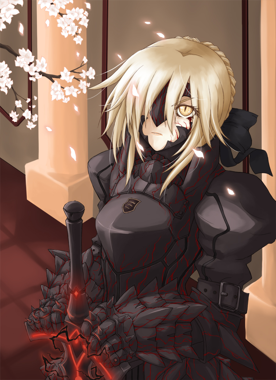 donguri, kanda (squall-rinoa), artoria pendragon (fate), saber (fate), saber alter, saber alter (first ascension), fate/stay night, fate (series), type-moon, highres, 00s, 1girl, armor, armored dress, dress, excalibur morgan (fate), female focus, hair over one eye, petals, solo, sword, weapon