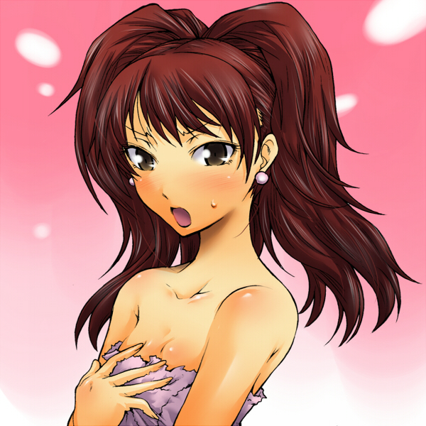 segami daisuke, kujikawa rise, atlus, persona, persona 4, 1girl, bare shoulders, blush, brown eyes, embarrassed, female focus, flat chest, naked towel, red hair, solo, sweatdrop, towel, tsundere, twintails