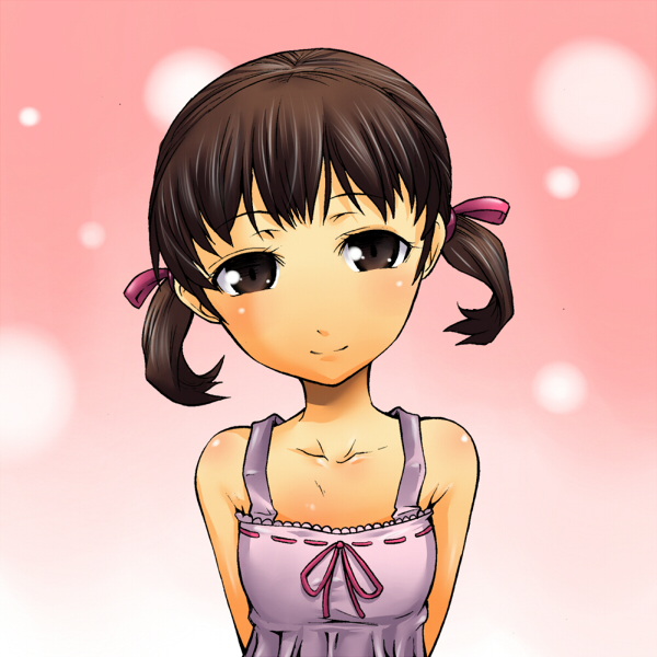 segami daisuke, doujima nanako, atlus, persona, persona 4, brown eyes, brown hair, child, flat chest, hair ribbon, ribbon, short twintails, smile, solo, twintails