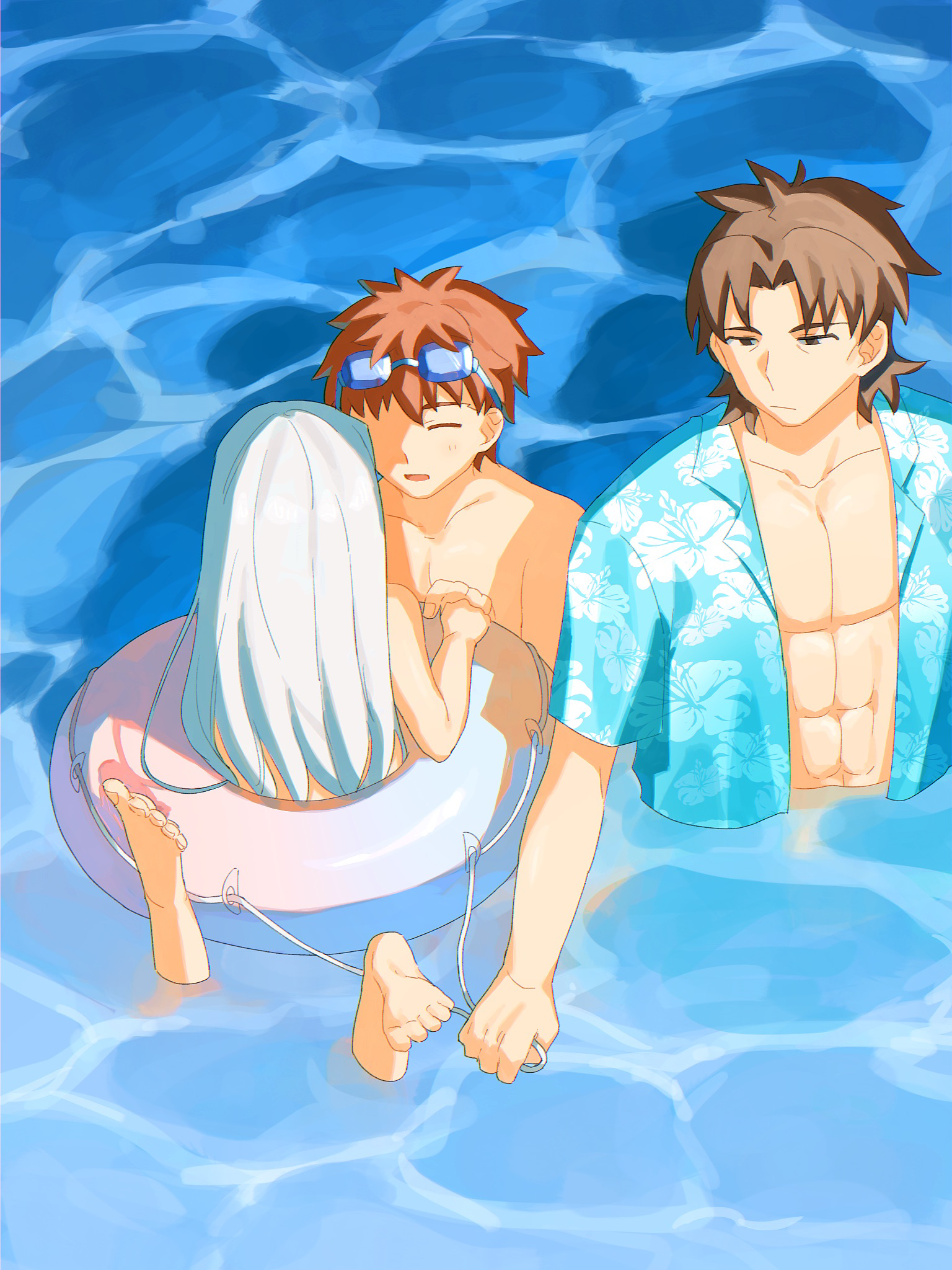 modoru 5, emiya shirou, illyasviel von einzbern, kotomine kirei, fate/stay night, fate (series), commentary request, highres, 1girl, 2boys, abs, adoptive siblings, bare pectorals, brother and sister, brown hair, closed eyes, frown, goggles, goggles on head, grey hair, innertube, multiple boys, open clothes, open mouth, open shirt, orange hair, partially submerged, pectorals, siblings, smile, swim ring