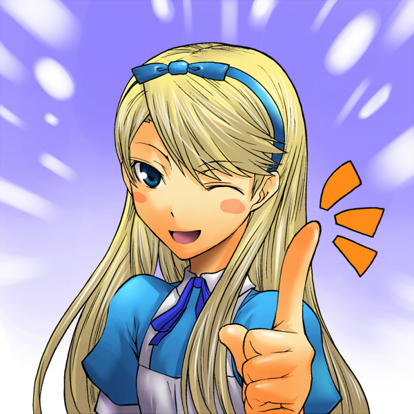 segami daisuke, alice (alice in wonderland), kuma (persona 4), alice's adventures in wonderland, atlus, persona, persona 4, 1boy, alice (alice in wonderland) (cosplay), blonde hair, blue eyes, cosplay, headband, long hair, male focus, one eye closed, solo, trap, wink