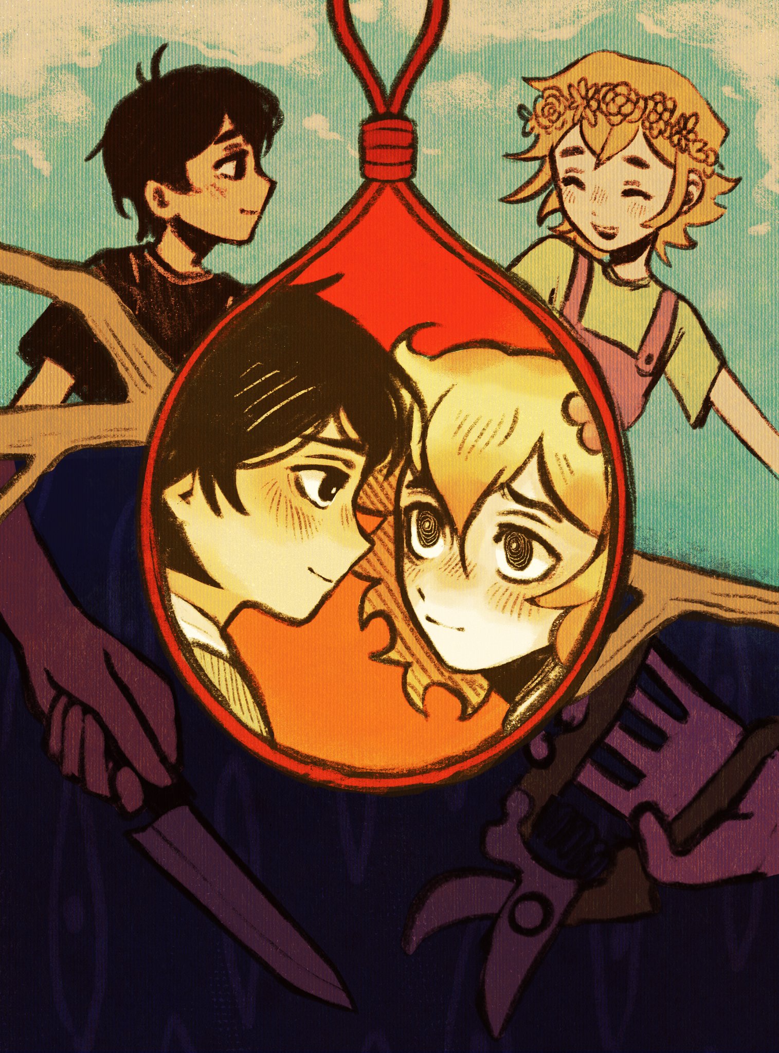 ottie pops, basil (faraway) (omori), basil (omori), sunny (omori), omori, highres, spoilers, 2boys, aged down, alternate costume, alternate eye color, antenna hair, black eyes, black hair, black shirt, blonde hair, blue overalls, blush, bright pupils, closed mouth, double-parted bangs, flower, flower wreath, gardening shears, green shirt, hair between eyes, hair flower, hair ornament, head wreath, holding, holding knife, knife, looking at another, male focus, multiple boys, noose, open mouth, overalls, shirt, short hair, short sleeves, sidelocks, smile, stick, t-shirt, teeth, upper teeth only, white pupils