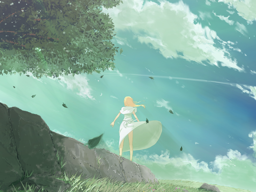 muranisaki, original, bad id, bad pixiv id, 1girl, blonde hair, cloud, day, dress, female focus, leaf, long hair, nature, sky, solo, tree, white dress, wind, wind lift