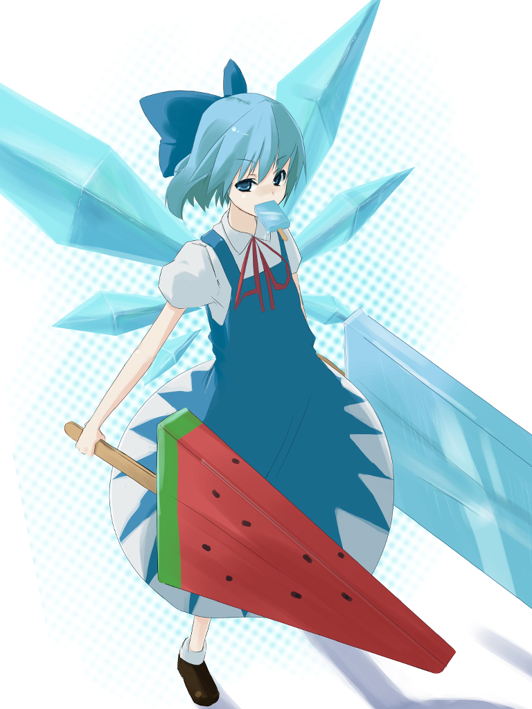 icepop, muranisaki, cirno, embodiment of scarlet devil, touhou, bad id, bad pixiv id, 1girl, blue eyes, blue hair, dress, dual wielding, female focus, food, fruit, full body, gradient background, hair ribbon, holding, ice cream, matching hair/eyes, popsicle, ribbon, solo, watermelon, watermelon bar, white background, wings