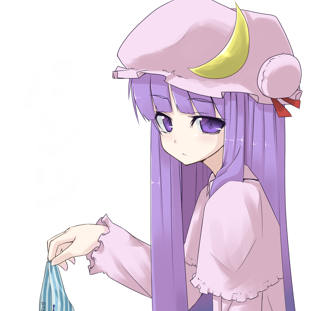 muranisaki, patchouli knowledge, touhou, bad id, bad pixiv id, 1girl, crescent, dress, female focus, hat, long hair, panties, purple eyes, purple hair, solo, underwear, upper body