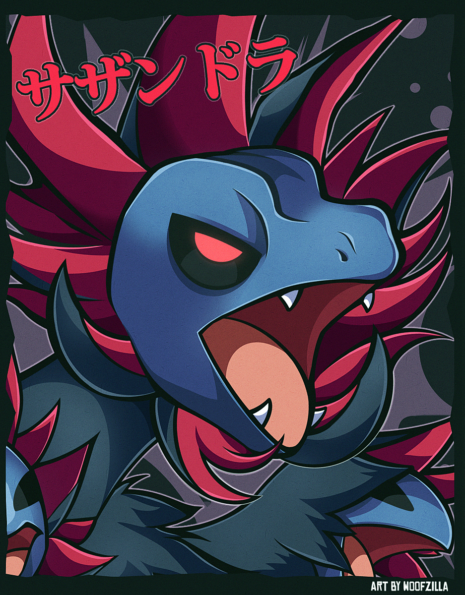 woofzilla, hydreigon, nintendo, pokemon, commentary, english commentary, highres, translation request, artist name, black background, black border, black sclera, border, colored sclera, fangs, gen 5 pokemon, no humans, nostrils, open mouth, pokemon (creature), red eyes, solo