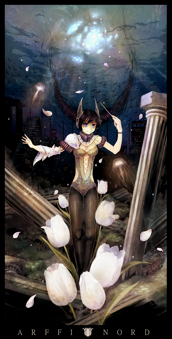 manbou no suiso, original, bad id, bad pixiv id, black hair, blue eyes, city, fish, flower, jellyfish, long hair, petals, pointer, ruins, solo, surreal, underwater