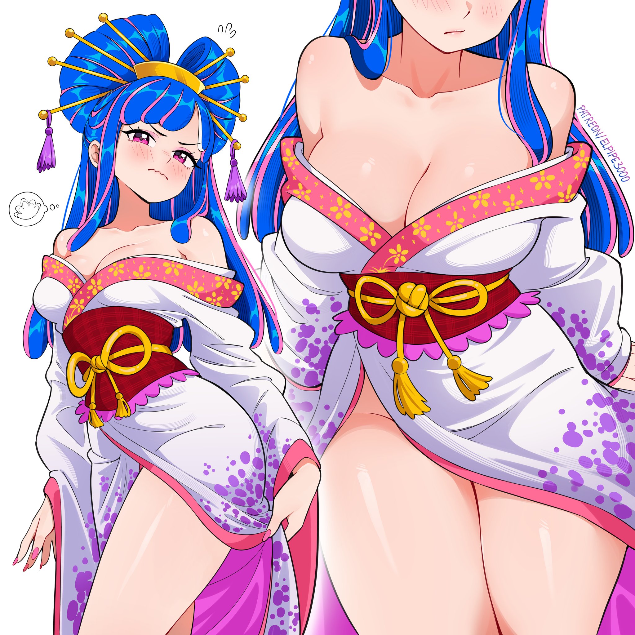 elpipe 3000, ulti (one piece), one piece, highres, 1girl, bare shoulders, blue hair, blush, breasts, cleavage, hair ornament, hair stick, japanese clothes, large breasts, long hair, multicolored hair, multiple views, no panties, oiran, purple eyes, purple hair, simple background, solo, thighhighs, two-tone hair, white background