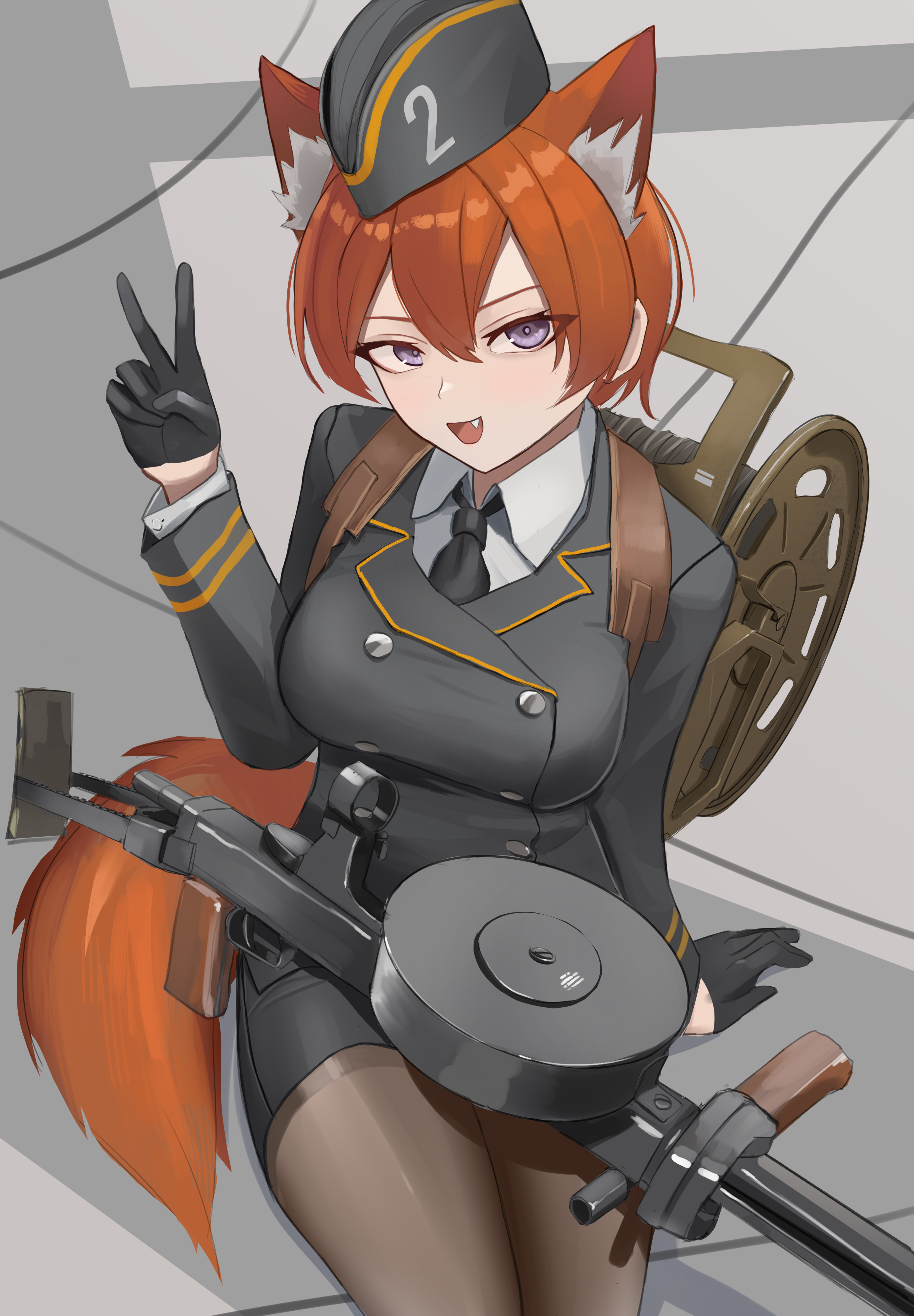 klottinen, original, absurdres, commentary, english commentary, highres, 1girl, animal ear fluff, animal ears, arm support, black gloves, black necktie, breasts, brown pantyhose, buttons, collared shirt, double-breasted, dp-27, drum magazine, fang, fox ears, fox girl, fox tail, from above, garrison cap, gloves, grey eyes, grey hat, grey jacket, grey skirt, gun, hair between eyes, hand up, hat, jacket, large breasts, long sleeves, machine gun, magazine (weapon), military, military jacket, military uniform, necktie, open mouth, pantyhose, pencil skirt, red hair, red tail, shirt, short hair, sitting, skirt, smile, tail, thighs, v, weapon, white shirt, wire, wire spool