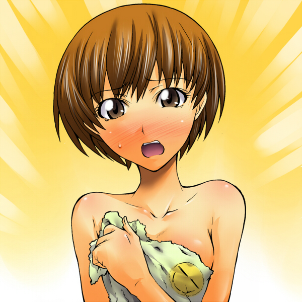 segami daisuke, satonaka chie, atlus, persona, persona 4, 1girl, bare shoulders, blush, brown hair, embarrassed, female focus, naked towel, short hair, smiley face, solo, sweatdrop, towel