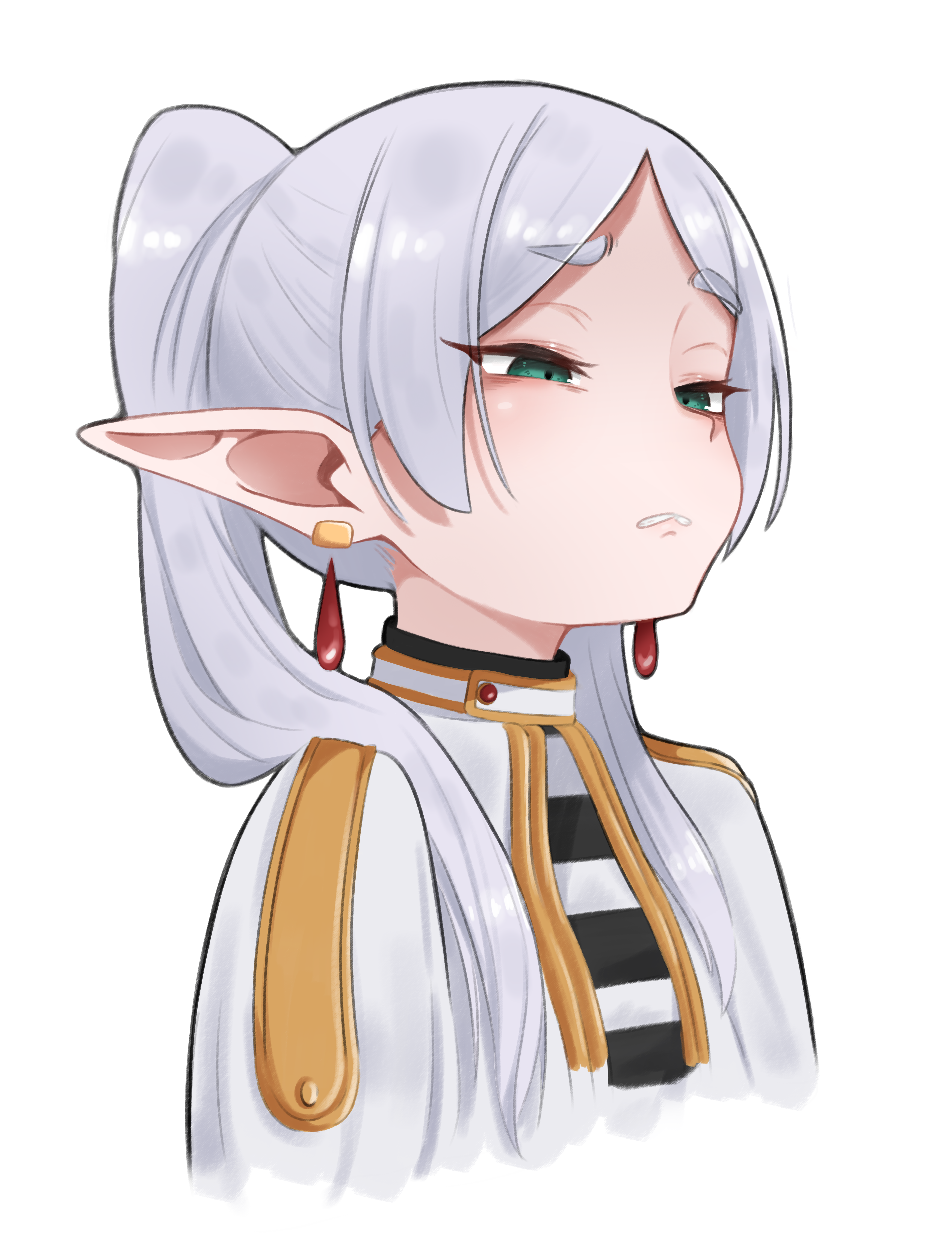 ge7f, frieren, sousou no frieren, absurdres, commentary, highres, 1girl, capelet, clenched teeth, disgust, earrings, elf, furrowed brow, green eyes, grey hair, half-closed eyes, jewelry, long hair, long sleeves, parted bangs, parted lips, pointy ears, short eyebrows, simple background, solo, teeth, twintails, upper body, white background, white capelet