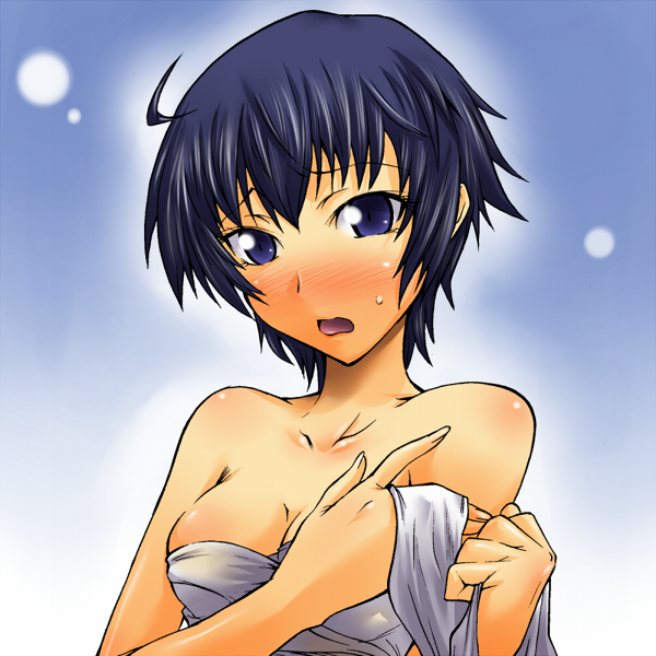 segami daisuke, shirogane naoto, atlus, persona, persona 4, 1girl, ahoge, androgynous, bandages, bare shoulders, blue eyes, blue hair, breast bind, breasts, cleavage, embarrassed, female focus, matching hair/eyes, reverse trap, sarashi, short hair, shy, solo