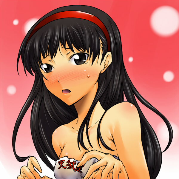 segami daisuke, amagi yukiko, atlus, persona, persona 4, translation request, bare shoulders, black eyes, black hair, blush, headband, long hair, naked towel, solo, sweatdrop, towel