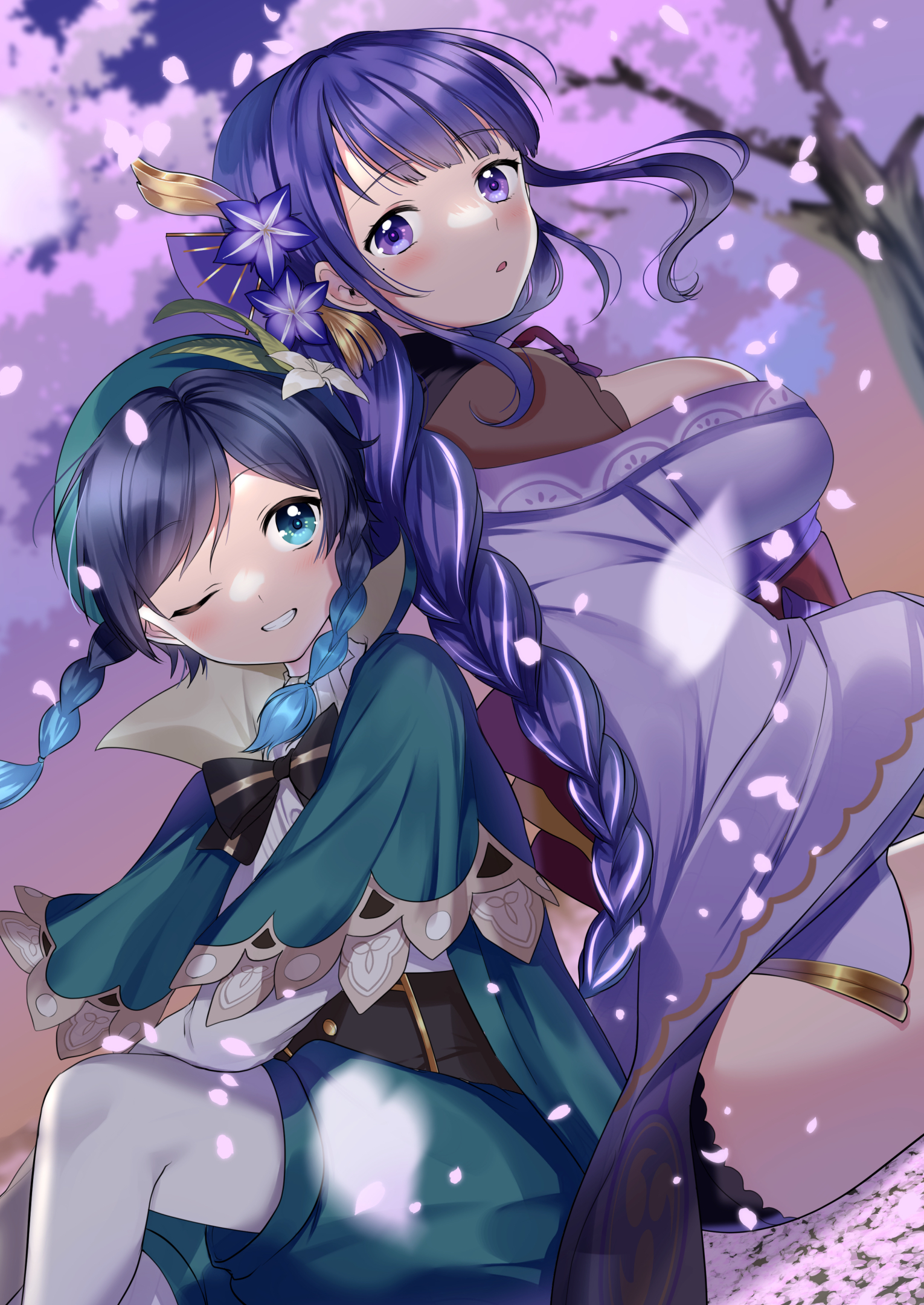 kazepana, raiden shogun, venti (genshin impact), genshin impact, commentary request, highres, 1boy, 1girl, behind another, black panties, blue hair, blunt bangs, blurry, blurry background, blush, braid, breasts, bridal gauntlets, capelet, cherry blossoms, collared capelet, collared shirt, couple, dawn, falling petals, fan hair ornament, flower, flower ornament, gradient hair, green capelet, green eyes, green hat, green shorts, hair between eyes, hair ornament, hair rings, hat, huge breasts, japanese clothes, kimono, knees up, leaning back, leaning on person, long braid, long hair, long sleeves, looking to the side, mole, mole under eye, multicolored hair, neck ribbon, off shoulder, one eye closed, open mouth, outdoors, panties, pantyhose, petals, pink petals, purple eyes, purple flower, purple hair, purple kimono, purple sky, red ribbon, red sash, ribbon, sash, shade, shirt, short hair, shorts, side braids, single braid, sitting, sky, smile, streaked hair, teeth, thighs, tree, underwear, white pantyhose, wide sleeves