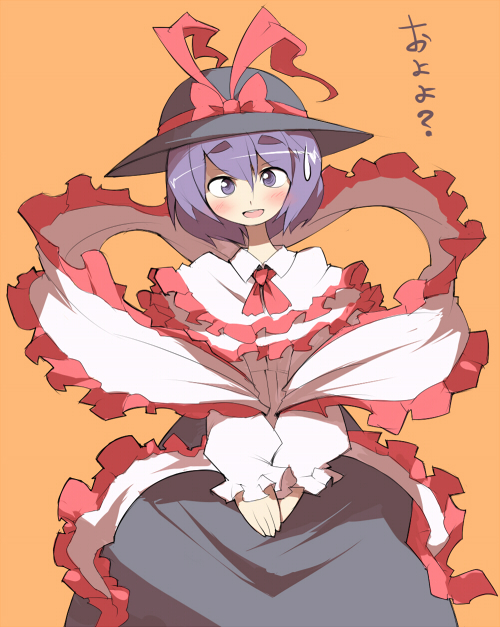 ario, nagae iku, touhou, eyebrows, 1girl, blush, female focus, frills, hat, purple eyes, purple hair, ribbon, shawl, short hair, simple background, solo