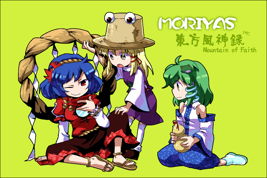 nightea, kochiya sanae, moriya suwako, yasaka kanako, touhou, 3girls, female focus, hair ornament, hat, leaf hair ornament, multiple girls, one eye closed, red eyes, short hair, wink, yellow eyes