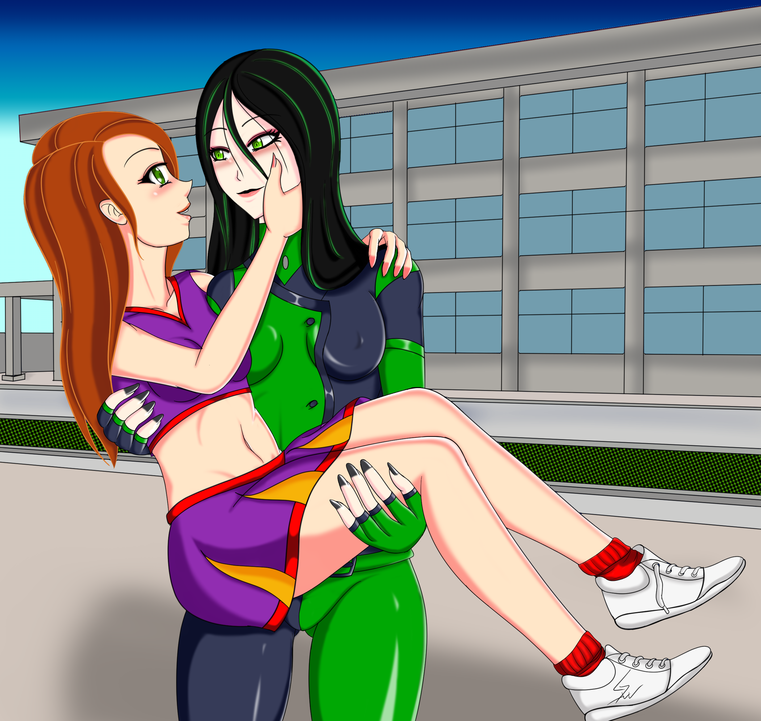 kim possible, shego, kim possible (series), highres, 2girls, black hair, carrying, carrying person, cheerleader, covered erect nipples, hand on another's cheek, hand on another's face, looking at another, middleton high school cheerleader uniform, midriff, multiple girls, orange hair, princess carry, purple skirt, purple tank top, red socks, shoes, skirt, smile, socks, tank top, vand1ta, white shoes, yuri