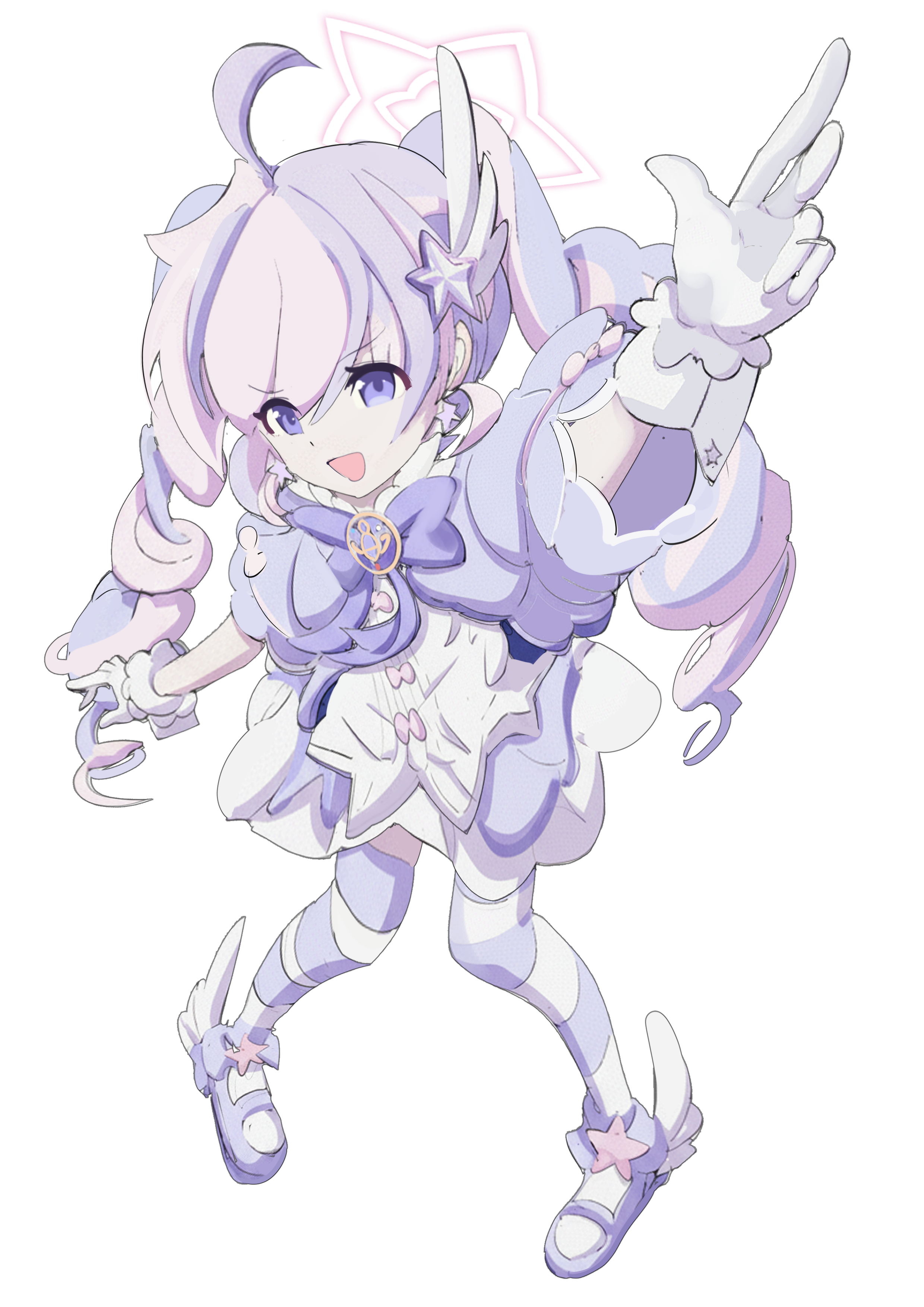 oni- -on, reisa (blue archive), reisa (magical) (blue archive), blue archive, absurdres, commentary, highres, 1girl, :d, ahoge, bow, bowtie, drill hair, full body, gloves, hair ornament, halo, long hair, magical girl, multicolored hair, open mouth, pink hair, puffy short sleeves, puffy sleeves, purple bow, purple bowtie, purple eyes, purple hair, purple shoes, shoes, short sleeves, simple background, smile, solo, star (symbol), star hair ornament, star halo, twin drills, twintails, two-tone hair, white background, white gloves, wing hair ornament