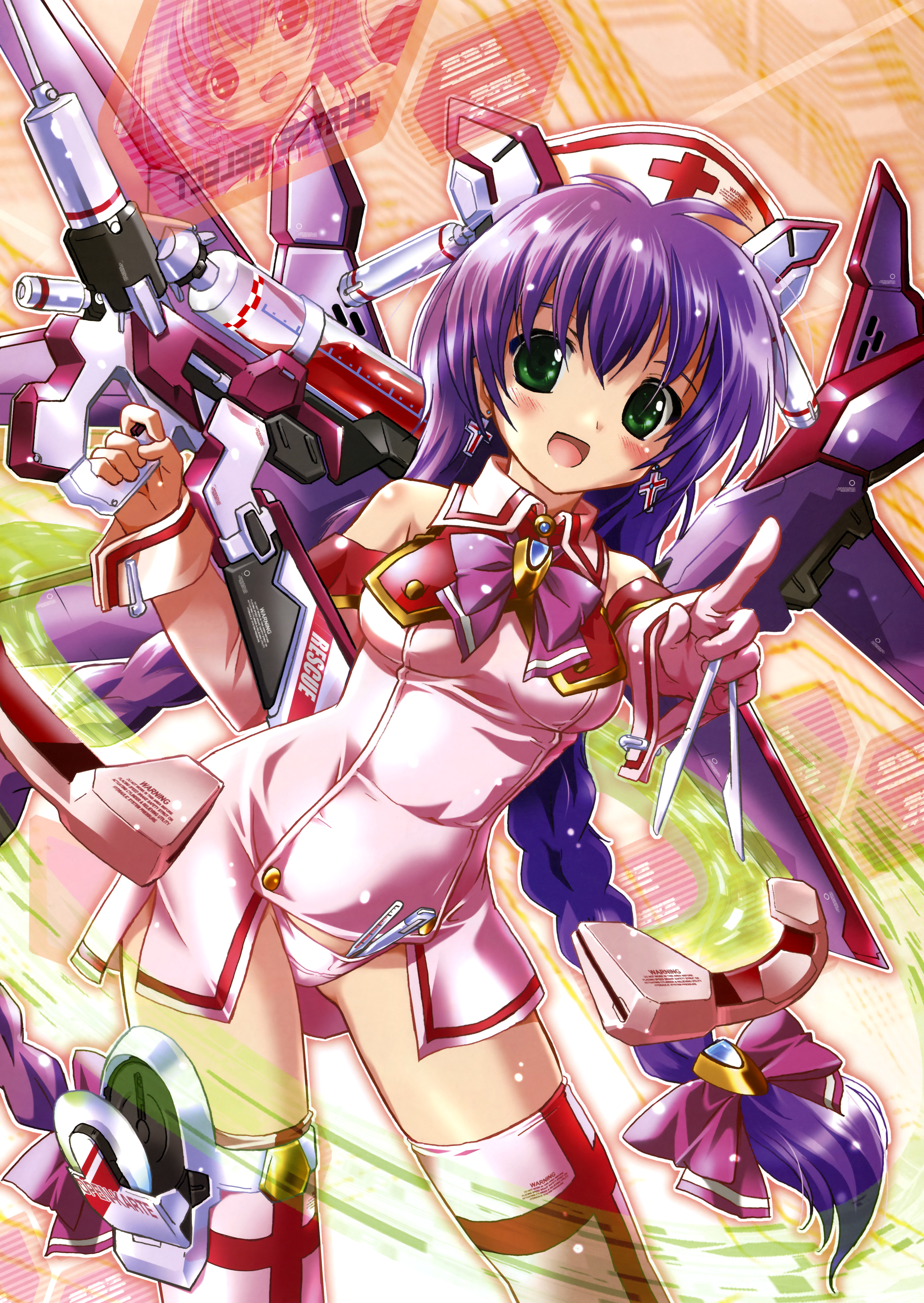 komatsu eiji, absurdres, highres, bare shoulders, blush, bow, braid, cross, earrings, gloves, green eyes, gun, hair bow, hat, jewelry, long hair, mecha musume, needle, nurse, nurse cap, panties, pink panties, pointing, purple hair, scalpel, skirt, solo, syringe, thermometer, thighhighs, twin braids, underwear, very long hair, weapon