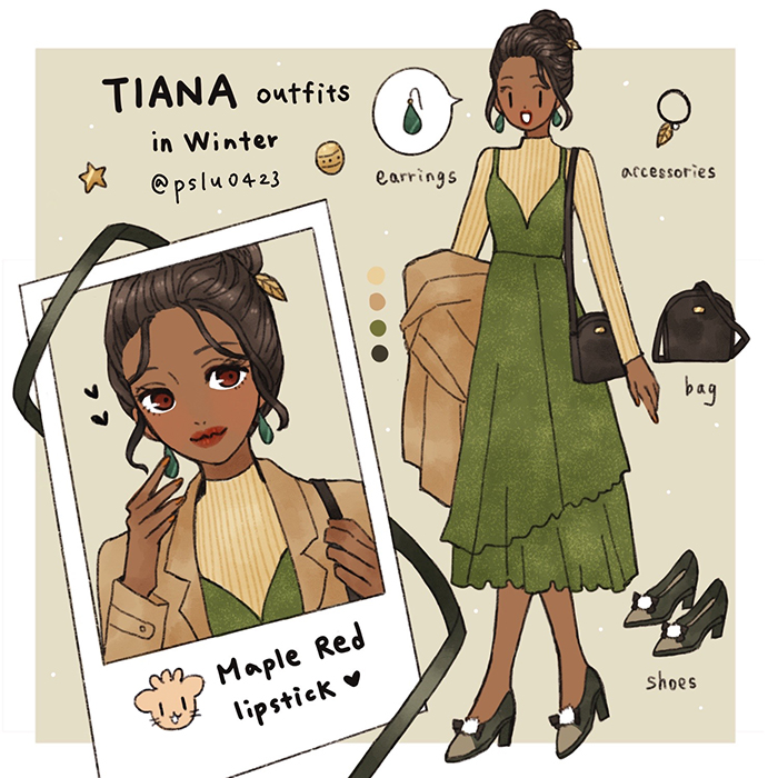 peilu (pslu0423), tiana (the princess and the frog), the princess and the frog (disney), 1girl, black hair, brown eyes, brown hair, contemporary, dark-skinned female, dark skin, dress, hair bun, jewelry, long hair, looking at viewer, short hair, smile, solo