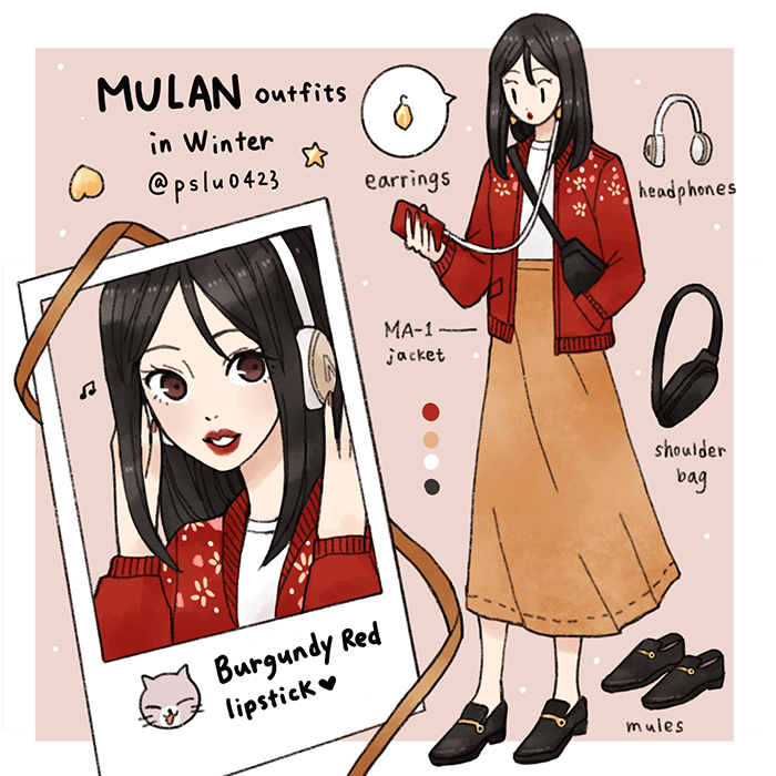 peilu (pslu0423), fa mulan (disney), mulan (movie), 1girl, animification, asian, black hair, brown eyes, contemporary, full body, headphones, jewelry, long hair, looking at viewer, makeup, shirt, shoes, short hair, smile, solo