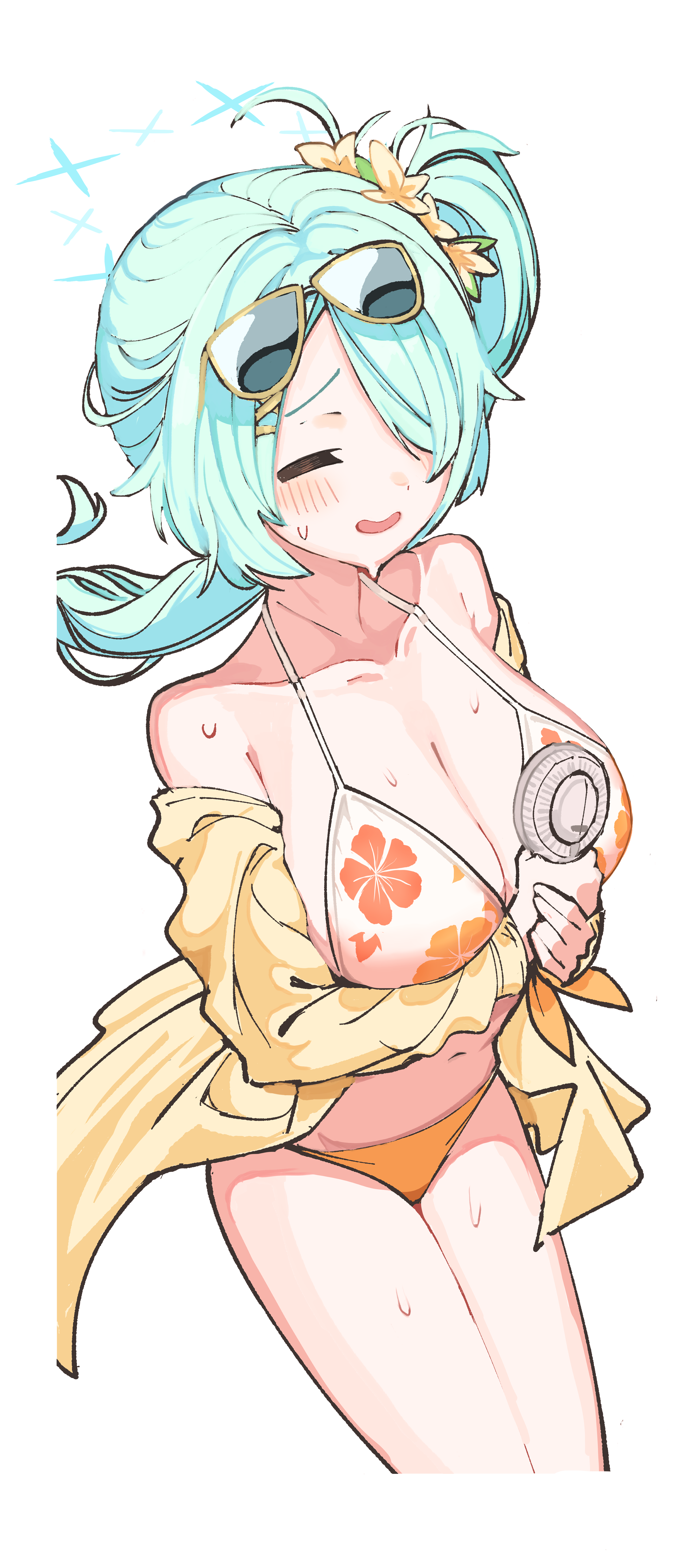 mosuroshyu, hiyori (blue archive), hiyori (swimsuit) (blue archive), blue archive, absurdres, commentary, highres, 1girl, aqua hair, bare shoulders, bikini, breasts, cleavage, closed eyes, eyewear on head, floral print, floral print bikini, flower, hair flower, hair ornament, hair over one eye, halo, handheld electric fan, large breasts, long hair, navel, official alternate costume, open mouth, orange bikini, print bikini, side ponytail, simple background, smile, solo, sunglasses, sweat, swimsuit, white background
