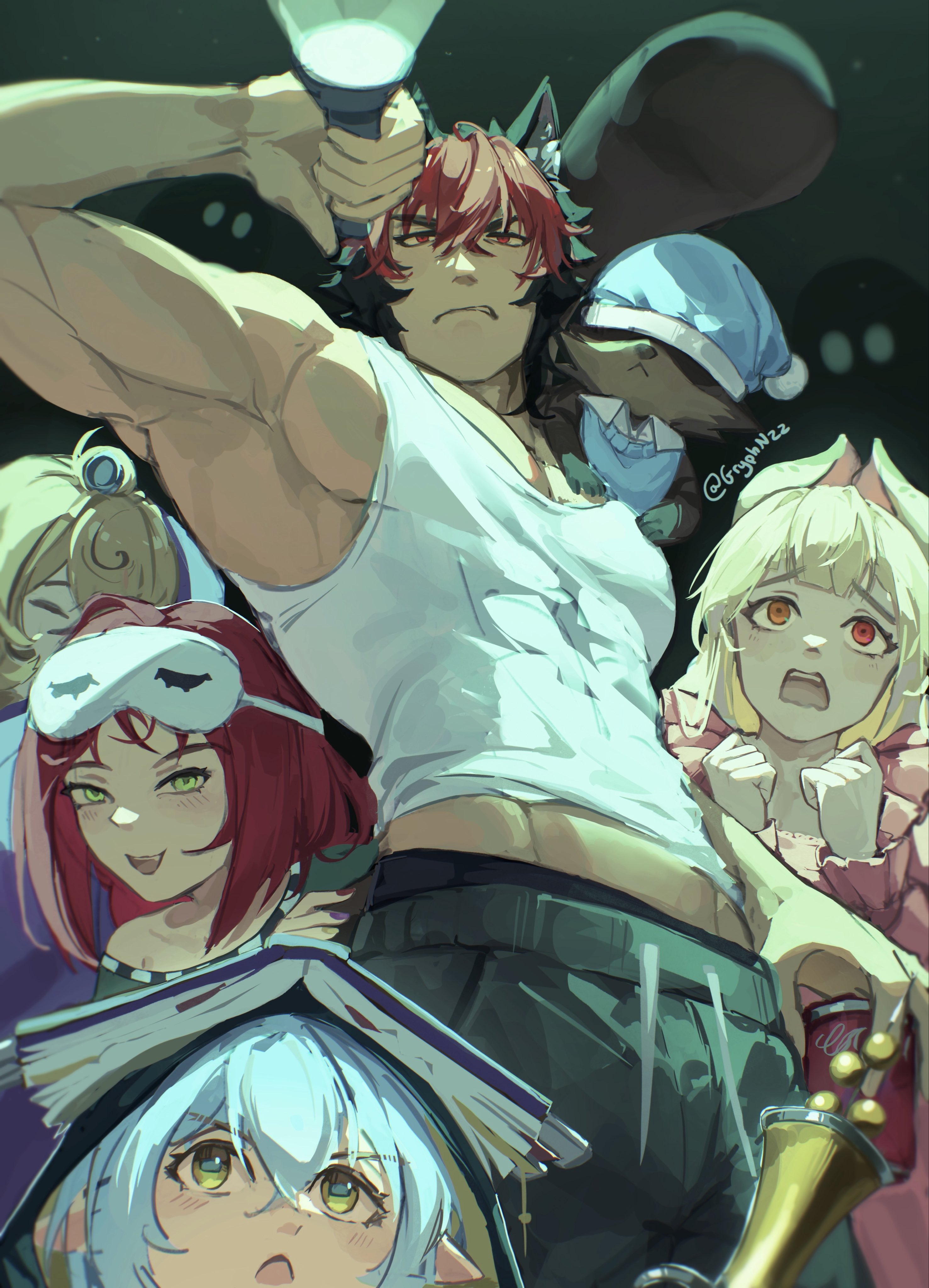 alice thymefield, kamanosuke (zenless zone zero), komano manato, lucia elowen, ukinami yuzuha, yidhari murphy, zenless zone zero, absurdres, commentary, english commentary, highres, 1boy, 1other, 4girls, animal, animal ear fluff, animal ears, animal on shoulder, armpits, black hair, blonde hair, blue hair, blue hat, blue pajamas, blush, book, book on head, can, closed eyes, collarbone, dog boy, dog ears, fang, flashlight, frilled pajamas, frills, from below, goat, goat girl, green eyes, green pajamas, green pants, gryphnzz, hair between eyes, hand on another's waist, hat, heterochromia, hiding, hiding behind another, holding, holding can, holding flashlight, holding staff, horizontal pupils, long hair, looking up, mask, mask on head, multicolored hair, multicolored nails, multiple girls, muscular, muscular male, object on head, off-shoulder shirt, off shoulder, open mouth, pajamas, pants, pectorals, pink pajamas, pointy ears, rabbit ears, rabbit girl, raccoon, red eyes, red hair, scared, shirt, short hair, sleep mask, soda, staff, tank top, tanuki, twitter username, white shirt, yellow eyes