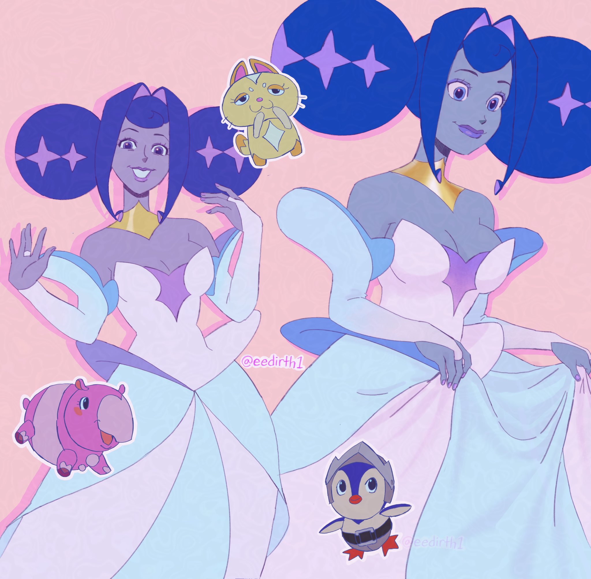 princess guinevere, knights of guinevere, highres, 1girl, 2girls, blue eyes, blue hair, breasts, cleavage, colored skin, double bun, dress, eedirth1, grey skin, hair bun, hair intakes, long hair, looking at viewer, multiple girls, princess, smile, solo, space cat (knights of guinevere), space penguin (knights of guinevere), space tapir (knights of guinevere), white dress