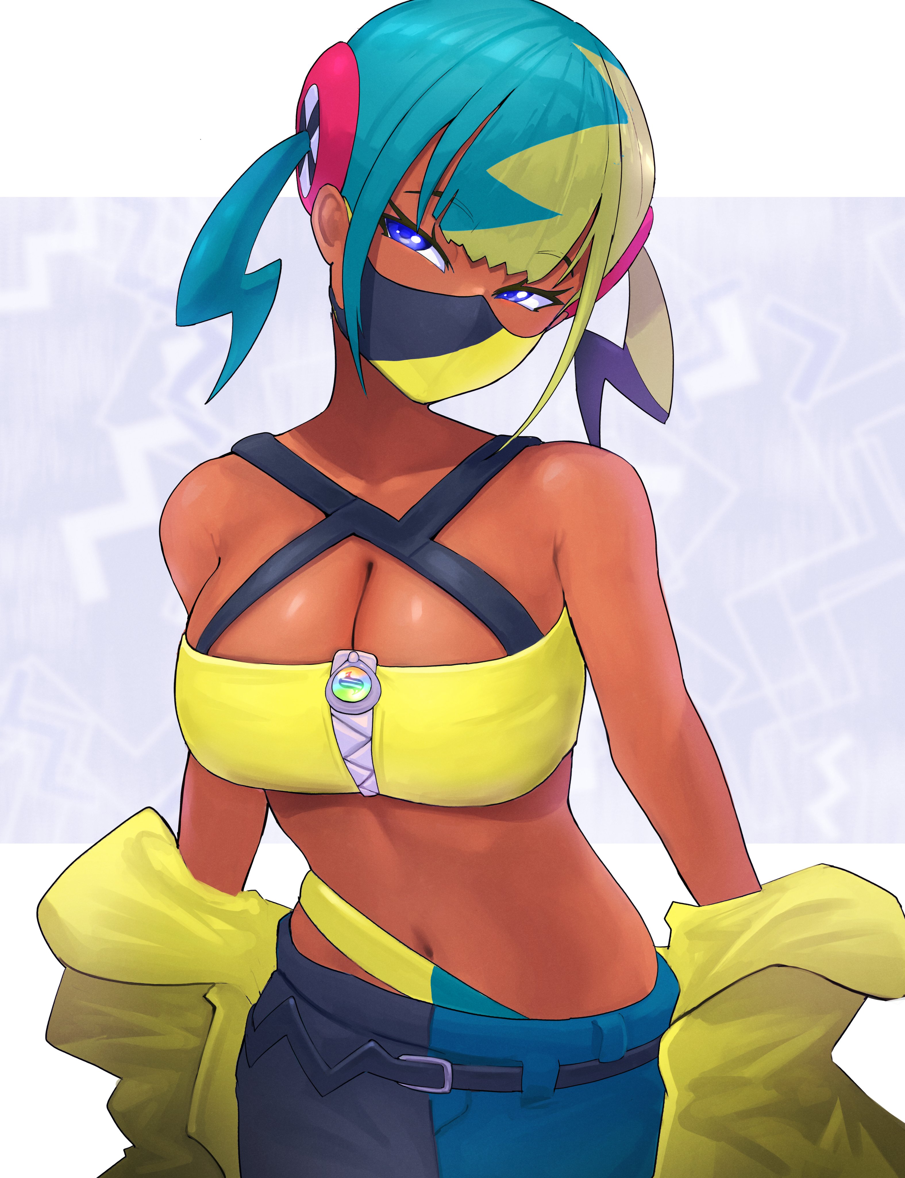 yodokogon, canari (pokemon), nintendo, pokemon, pokemon legends: z-a, absurdres, highres, 1girl, aqua hair, armpit crease, bandeau, bare shoulders, black mask, black pants, blonde hair, blue eyes, blue pants, breasts, center-flap bangs, cleavage, criss-cross halter, criss-cross straps, crop top, cropped jacket, halterneck, jacket, large breasts, looking at viewer, mask, mega ring, mega stone, midriff, mouth mask, multicolored hair, navel, pants, short twintails, solo, split-color hair, stomach, twintails, two-tone hair, two-tone mask, two-tone pants, yellow bandeau, yellow jacket, yellow mask