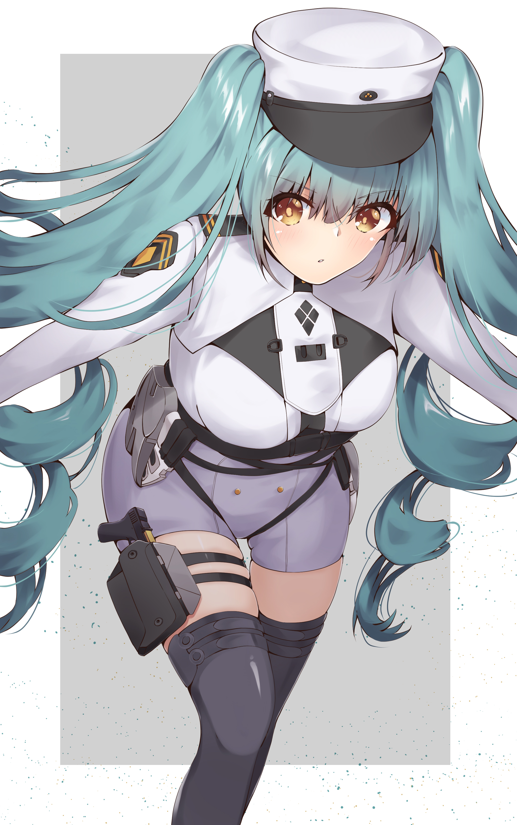 rizurizum, privaty (nikke), goddess of victory: nikke, absurdres, commentary, highres, 1girl, aqua hair, black thighhighs, breasts, brown eyes, drill hair, feet out of frame, grey background, gun, hat, holster, long hair, looking at viewer, parted lips, shorts, simple background, solo, thigh holster, thighhighs, twin drills, twintails, weapon, white hat, white shorts